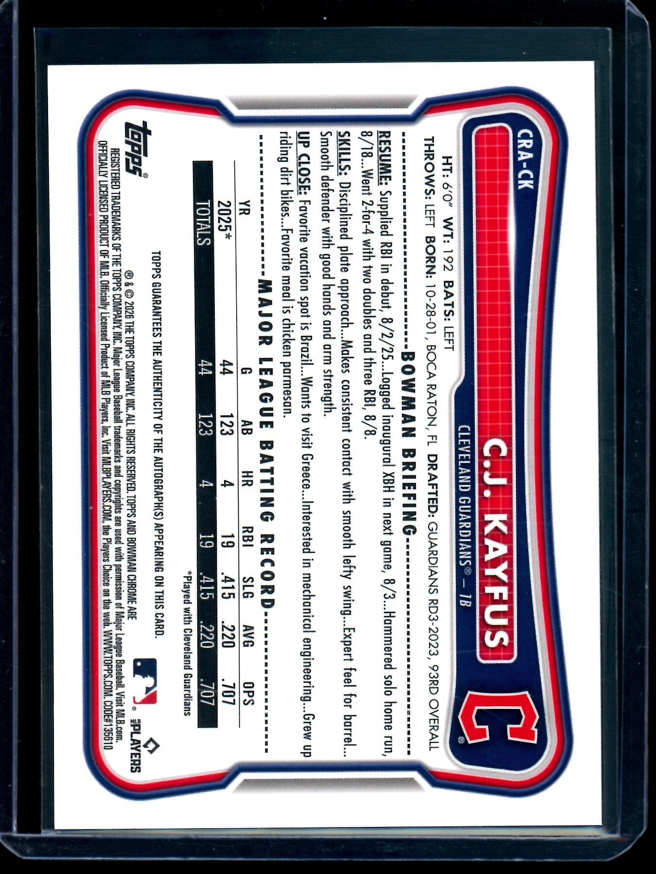 2026 Bowman Chrome C.J. Kayfus Blue Rookie Autograph /150 Guardians