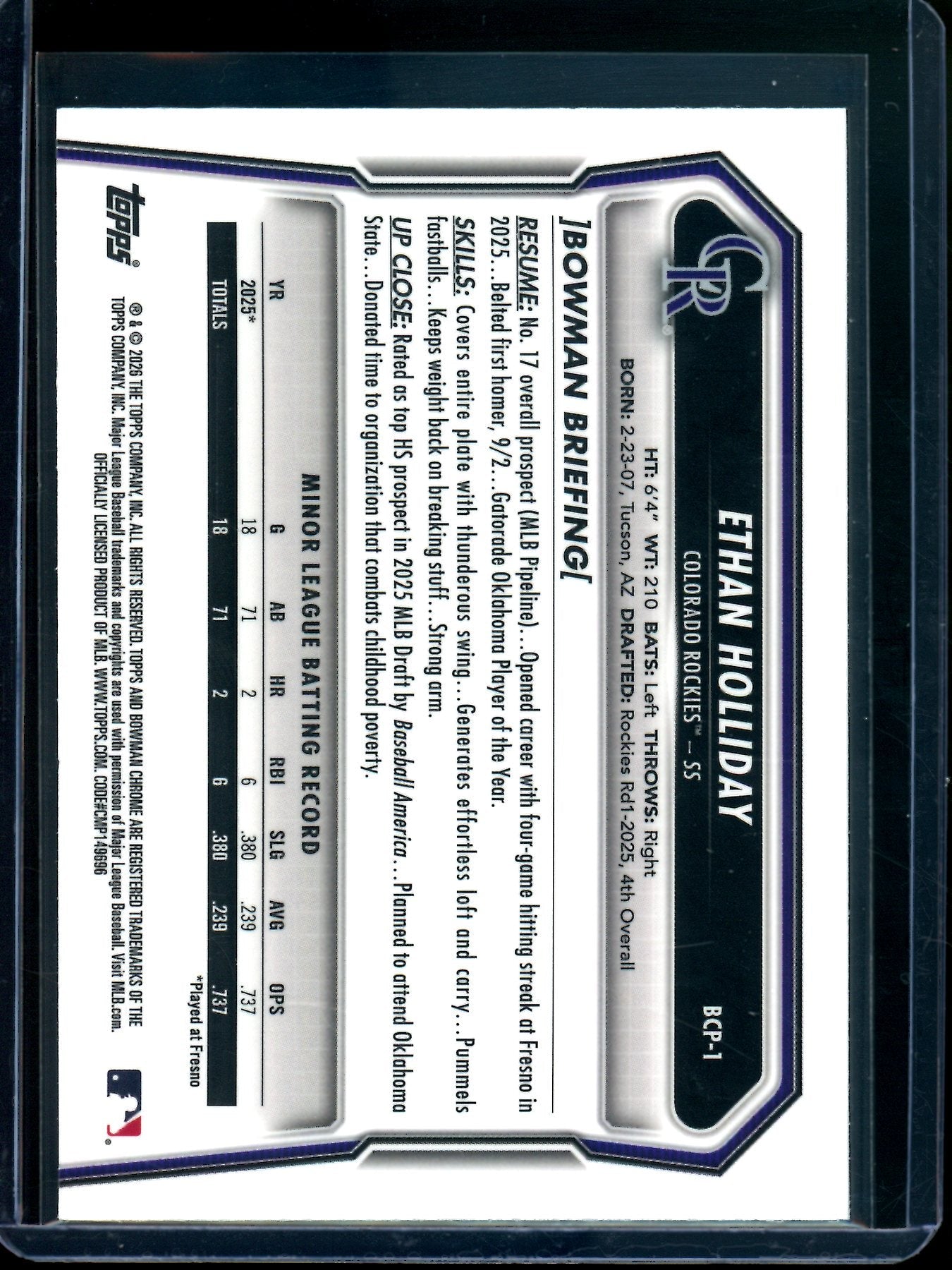 2026 Bowman Chrome Ethan Holliday 1st Mojo Maroon /275 Rockies