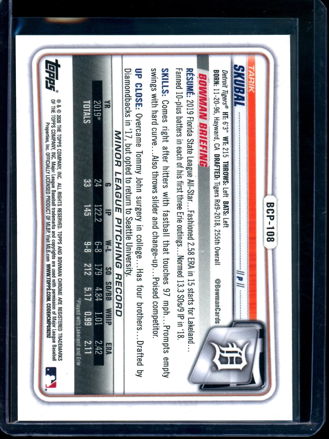 2020 Bowman Chrome Tarik Skubal 1st Sparkle /299 Tigers
