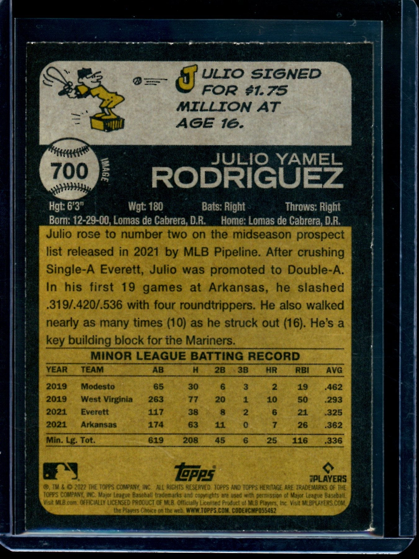 2022 Topps Heritage Julio Rodriguez Image Variation Rookie #700 Mariners