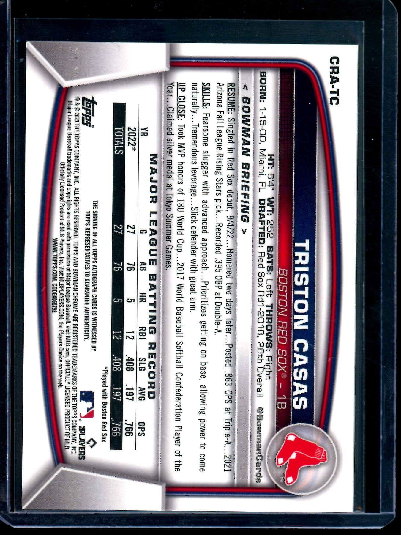 2023 Bowman Chrome Triston Casas Yellow Refractor Rookie Autograph /75 Red Sox