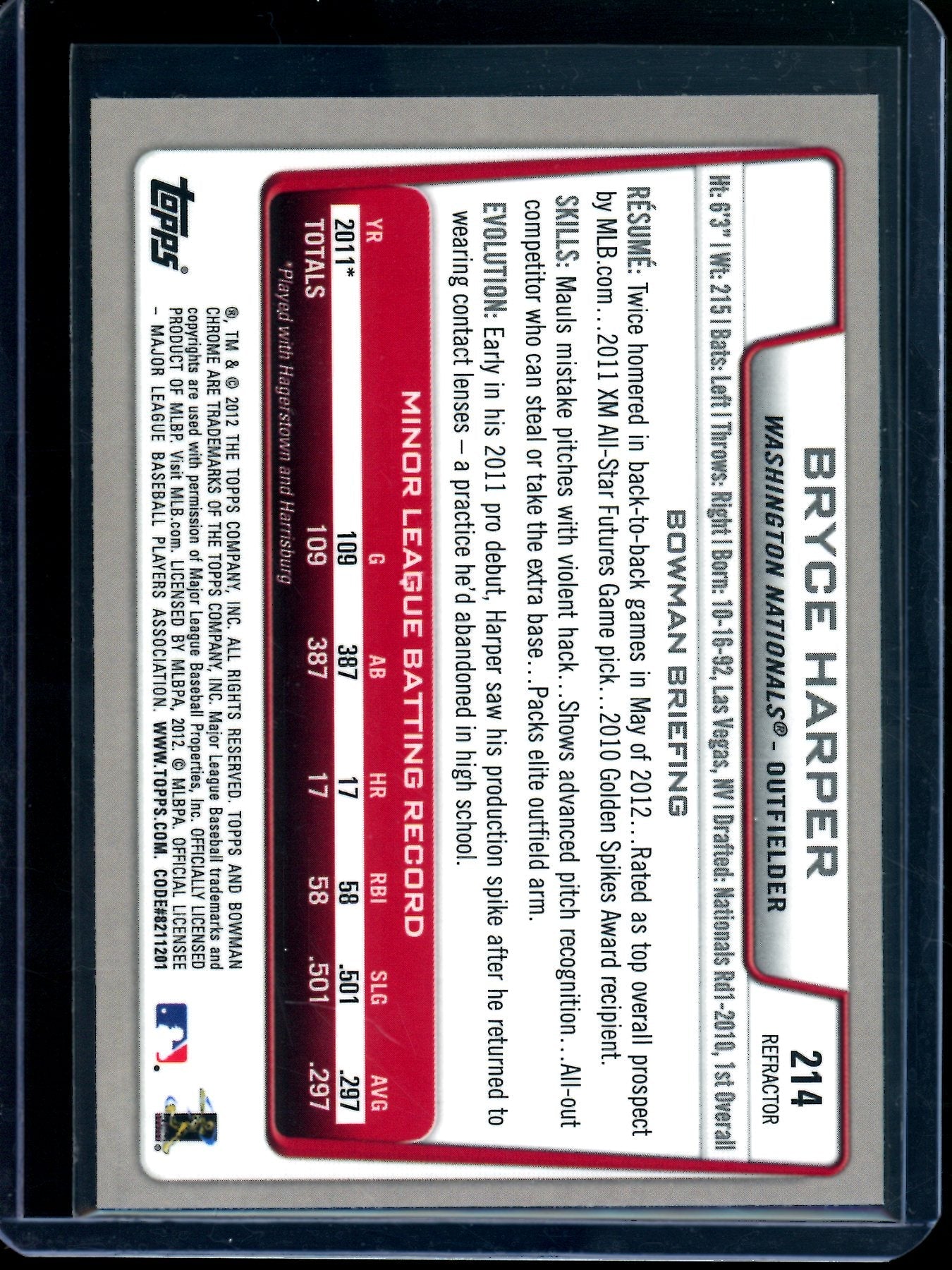 2012 Bowman Chrome Bryce Harper Refractor Rookie Nationals / Phillies