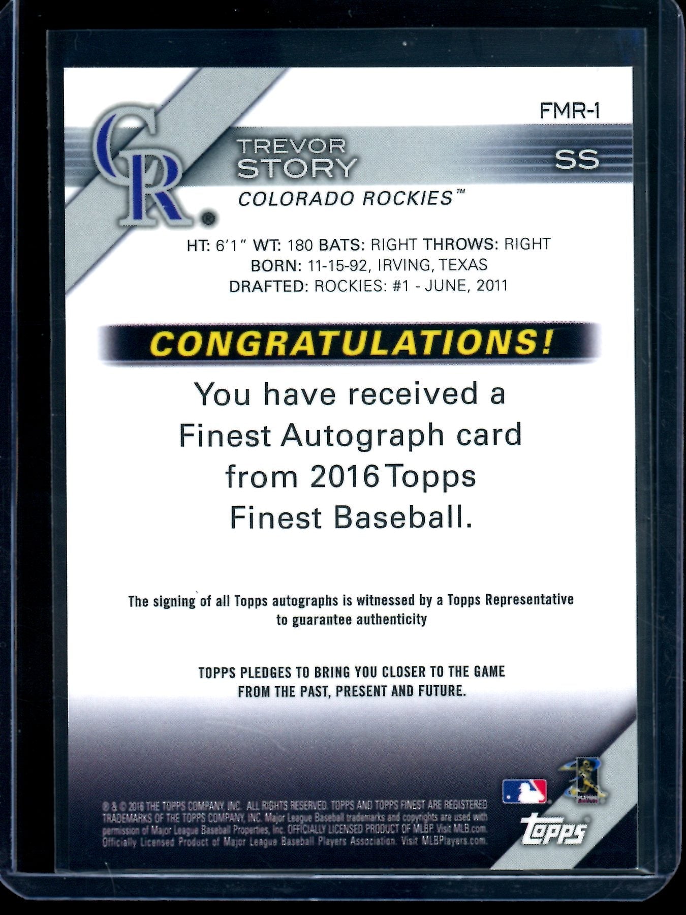 2016 Topps Finest Trevor Story Rookie Autograph Rockies