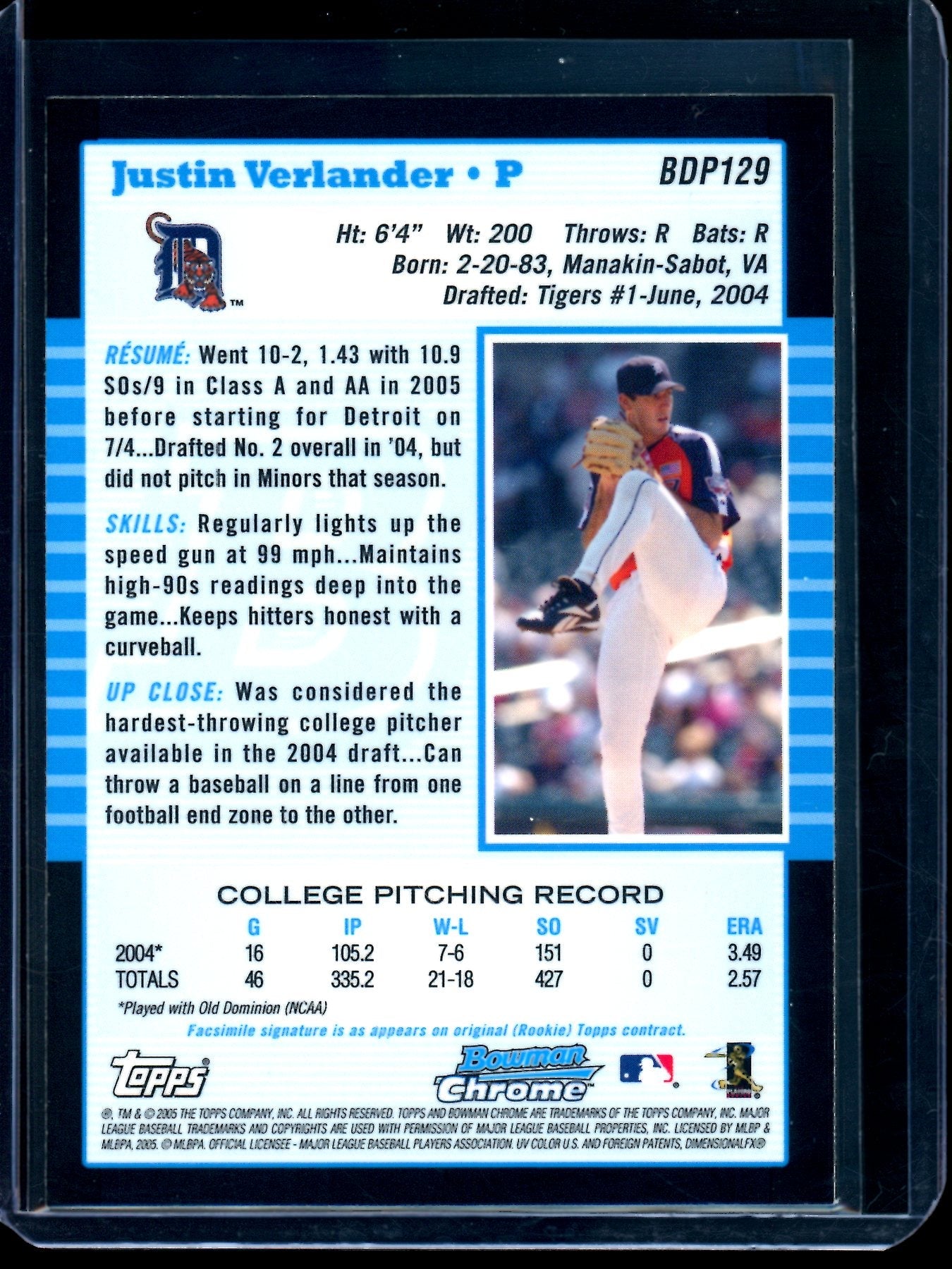 2005 Bowman Chrome Justin Verlander 1st Bowman Tigers
