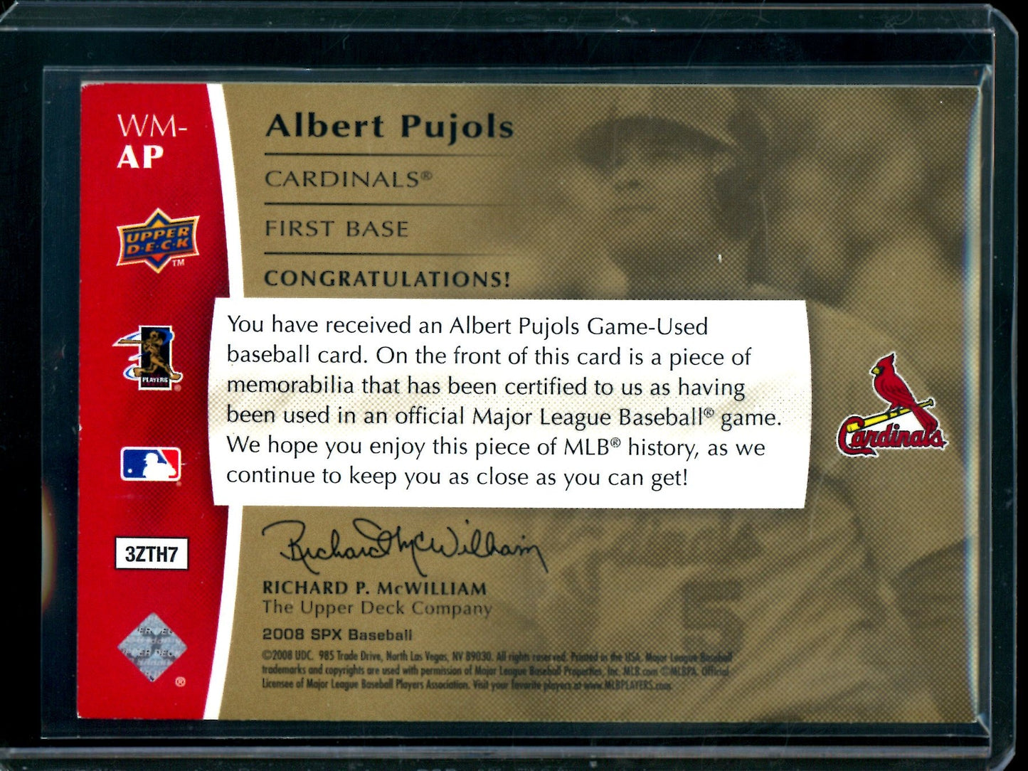 2008 Upper Deck SPX Albert Pujols Dual Relic Gold /35 Cardinals