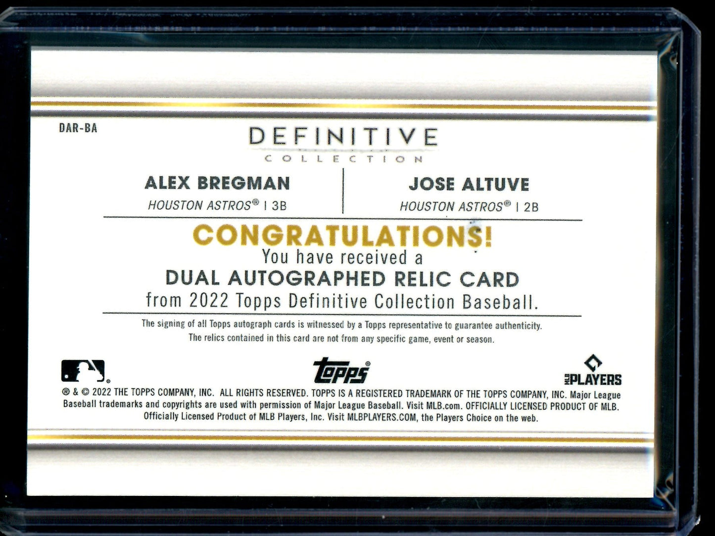 2022 Topps Definitive Alex Bregman / Jose Altuve Dual Autograph Patch /35 Astros