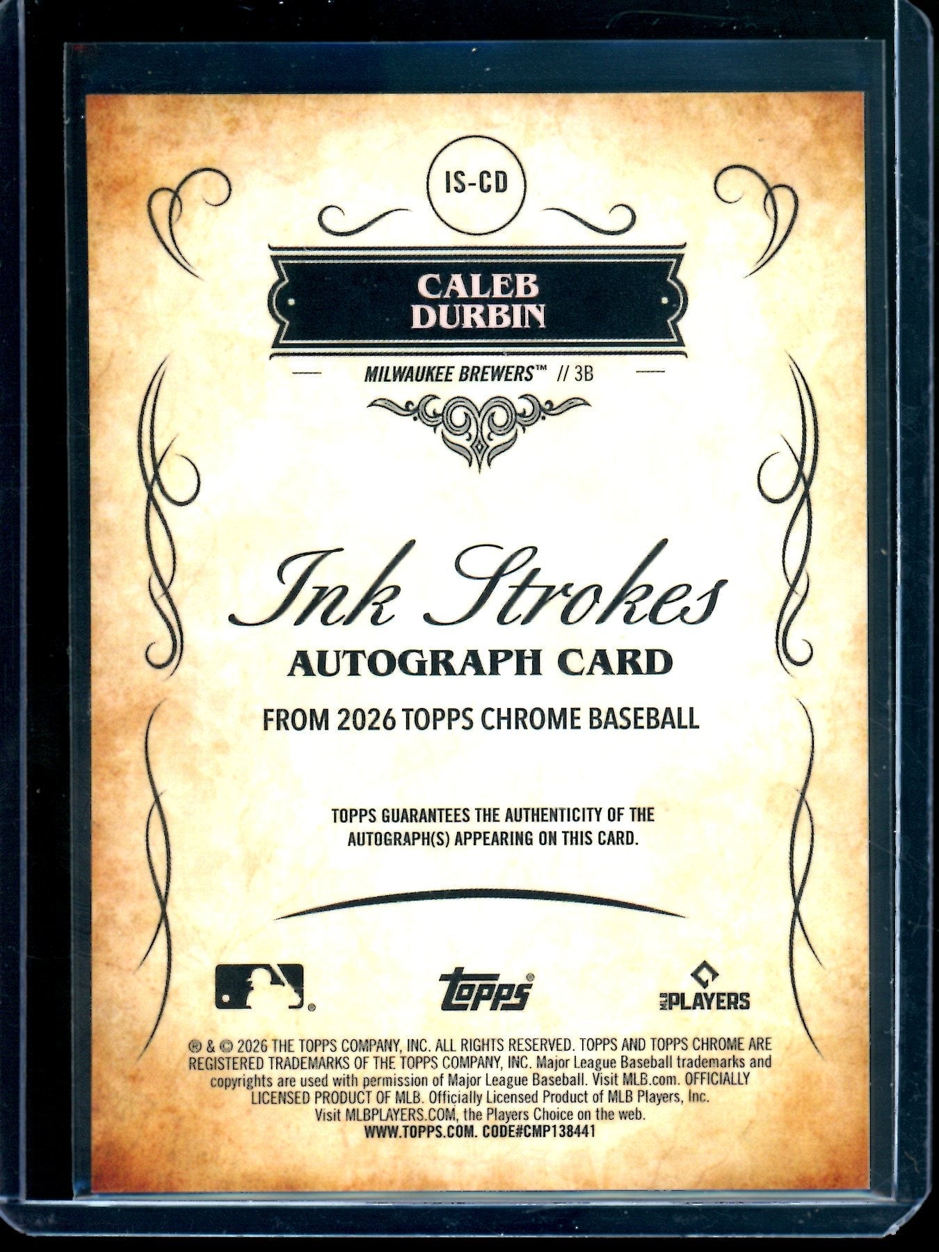 2026 Topps Chrome Caleb Durbin Ink Strokes Autograph Gold /50 Brewers