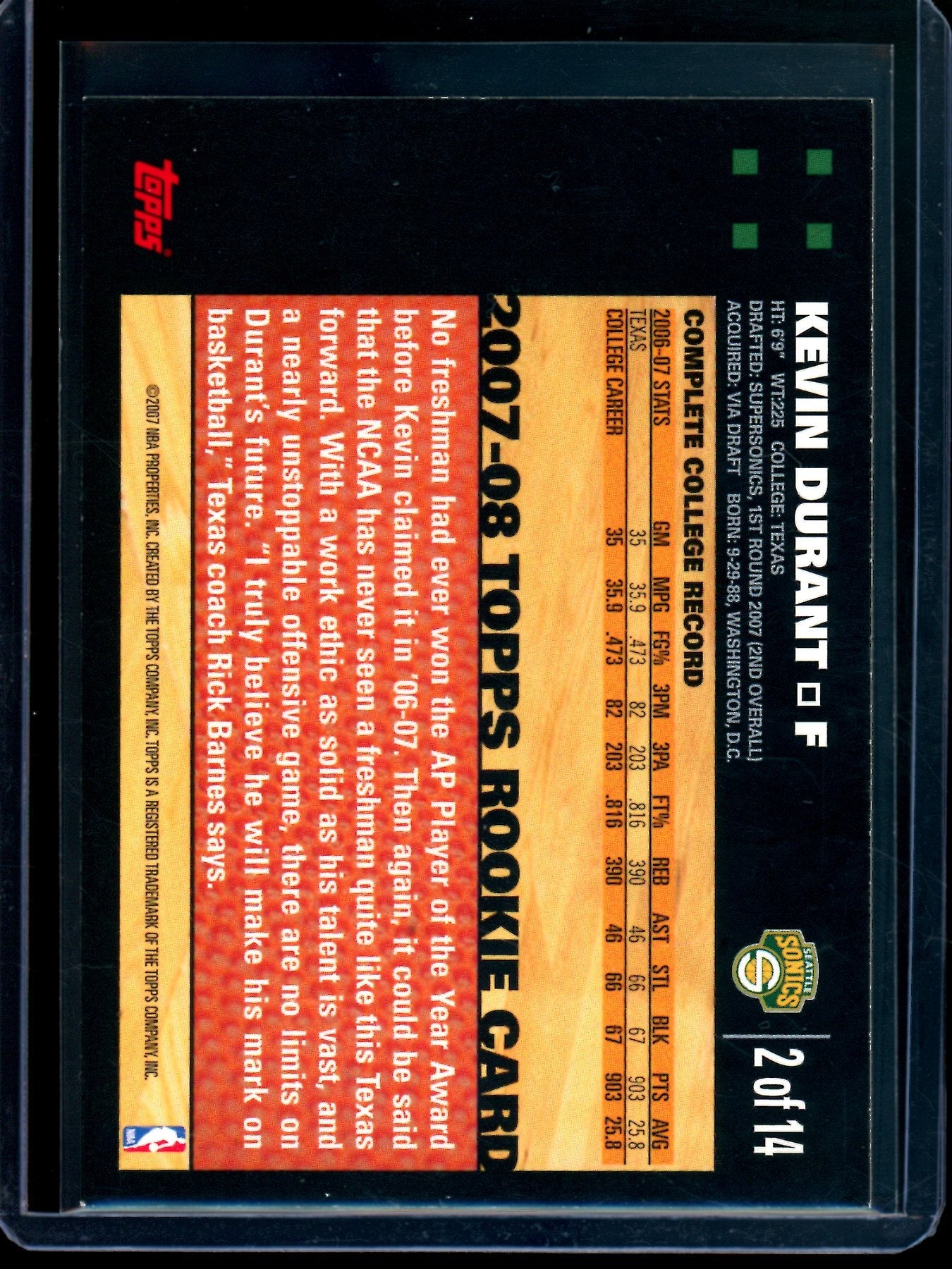 2007 Topps Series 1 Kevin Durant Rookie Card Supersonics