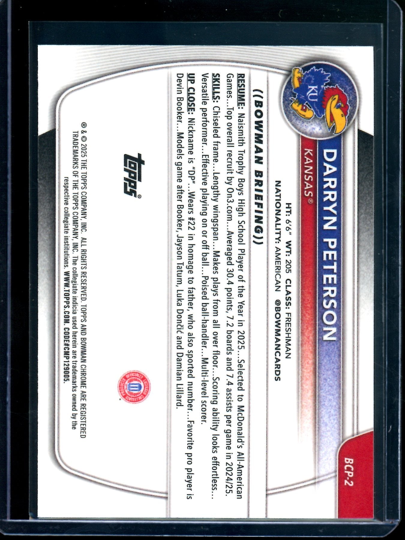 2025 Bowman Chrome Darryn Peterson 1st Magenta Mojo Refractor /199 Jayhawks