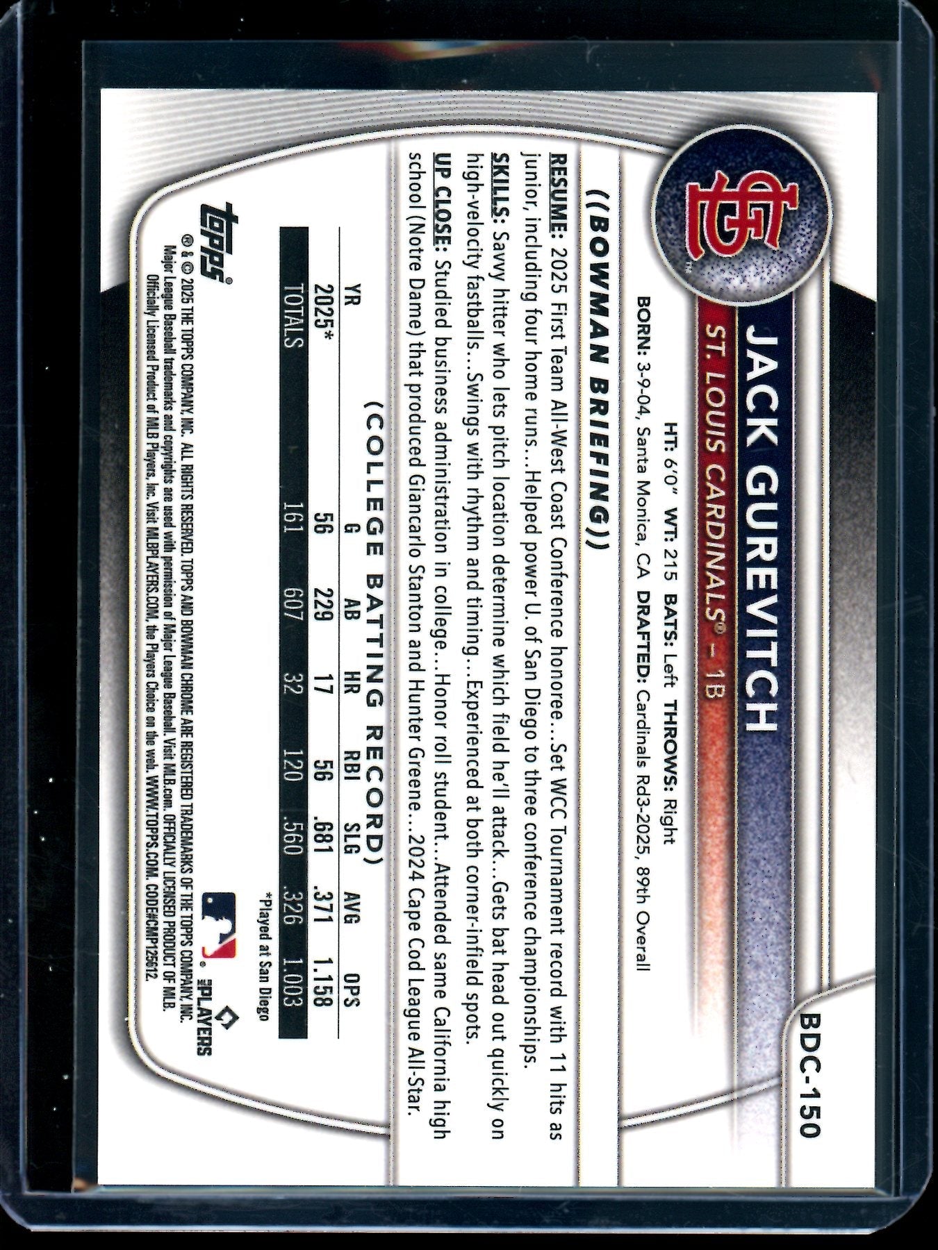 2025 Bowman Chrome Jack Gurevitch 1st Bowman Orange Geometric Refractor /25 Cardinals