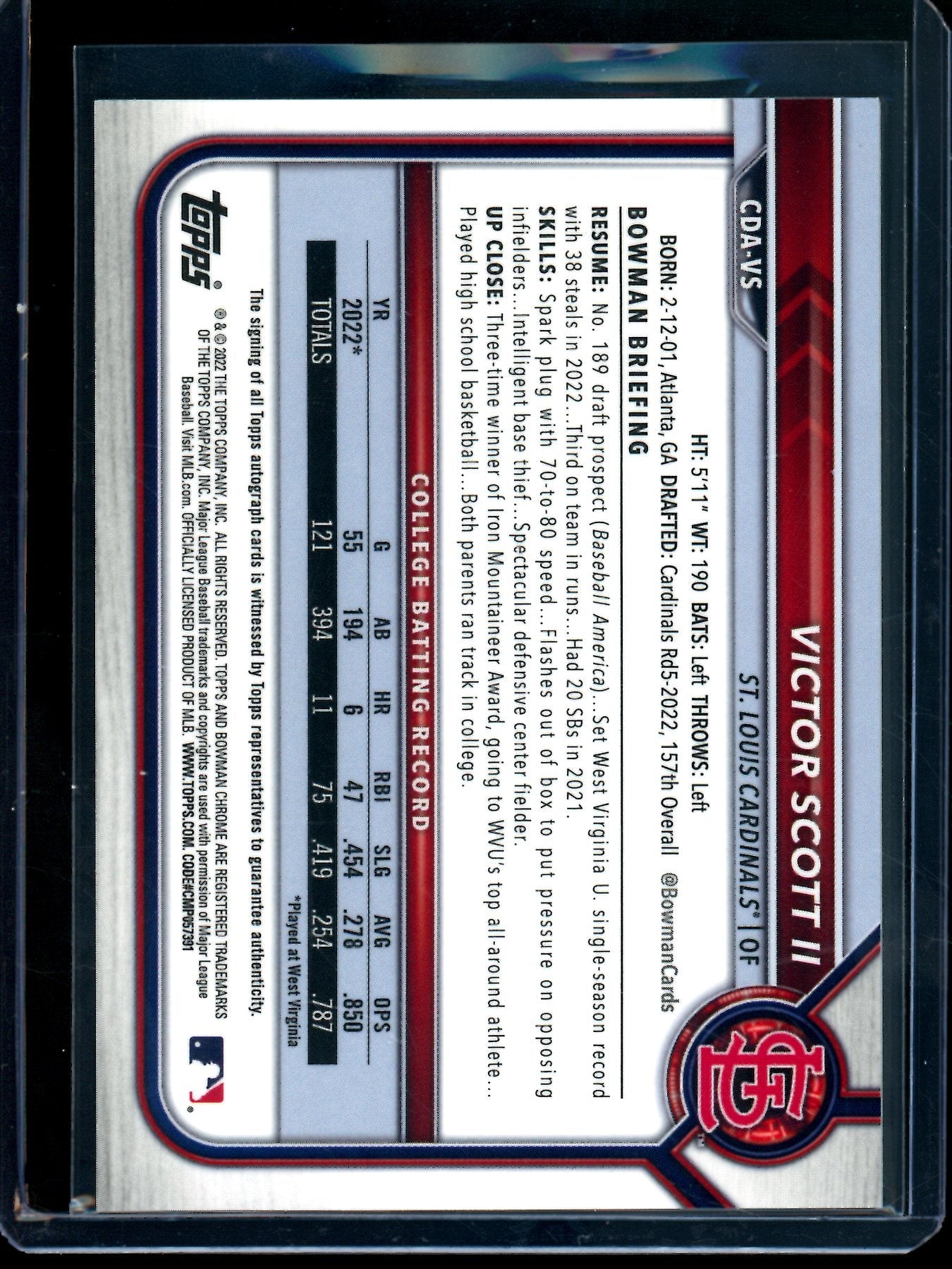 2022 Bowman Chrome Victor Scott II 1st Autograph Cardinals