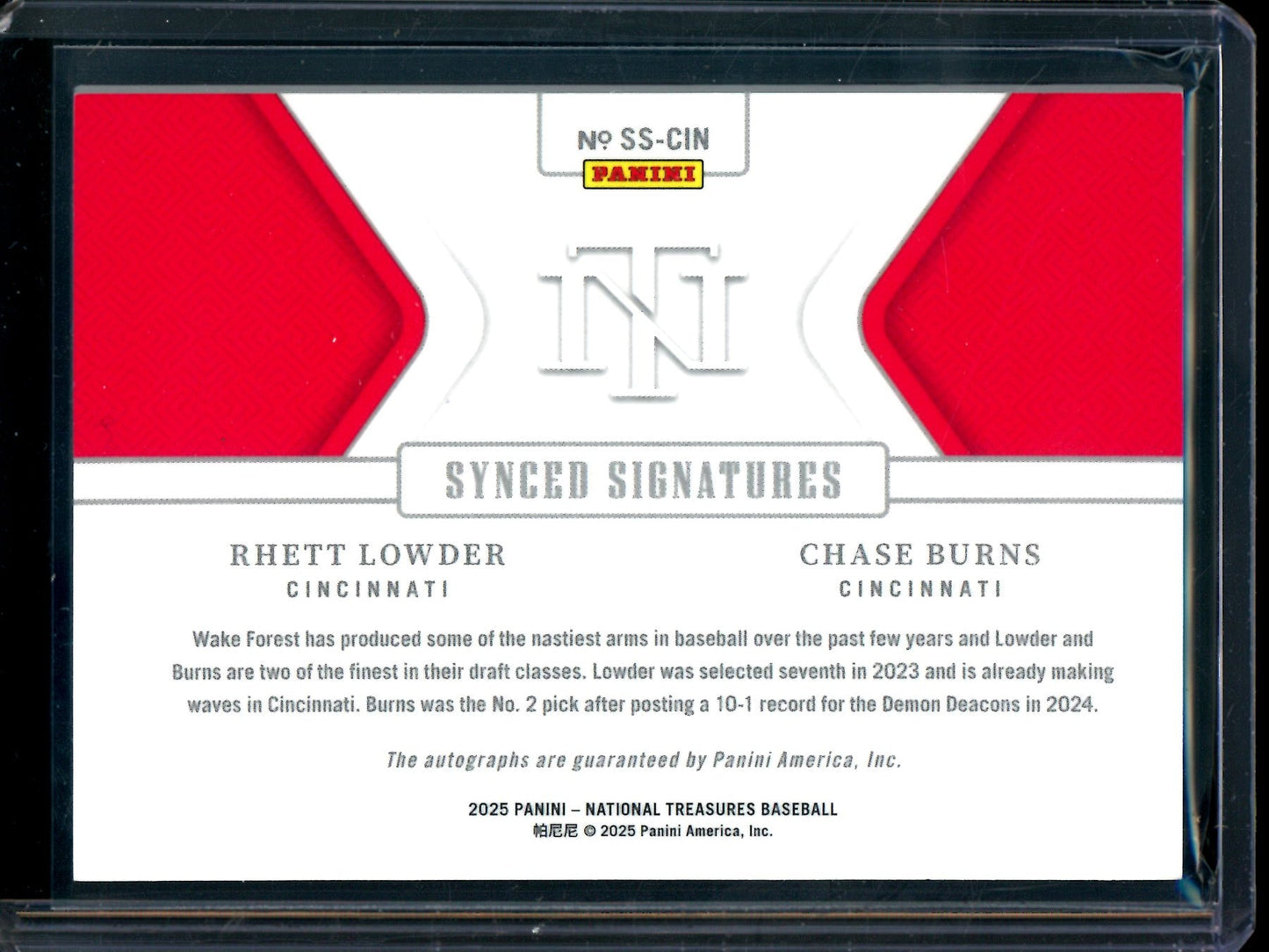 2025 Panini National Treasures Rhett Lowder / Chase Burns Dual Autograph /25 Reds