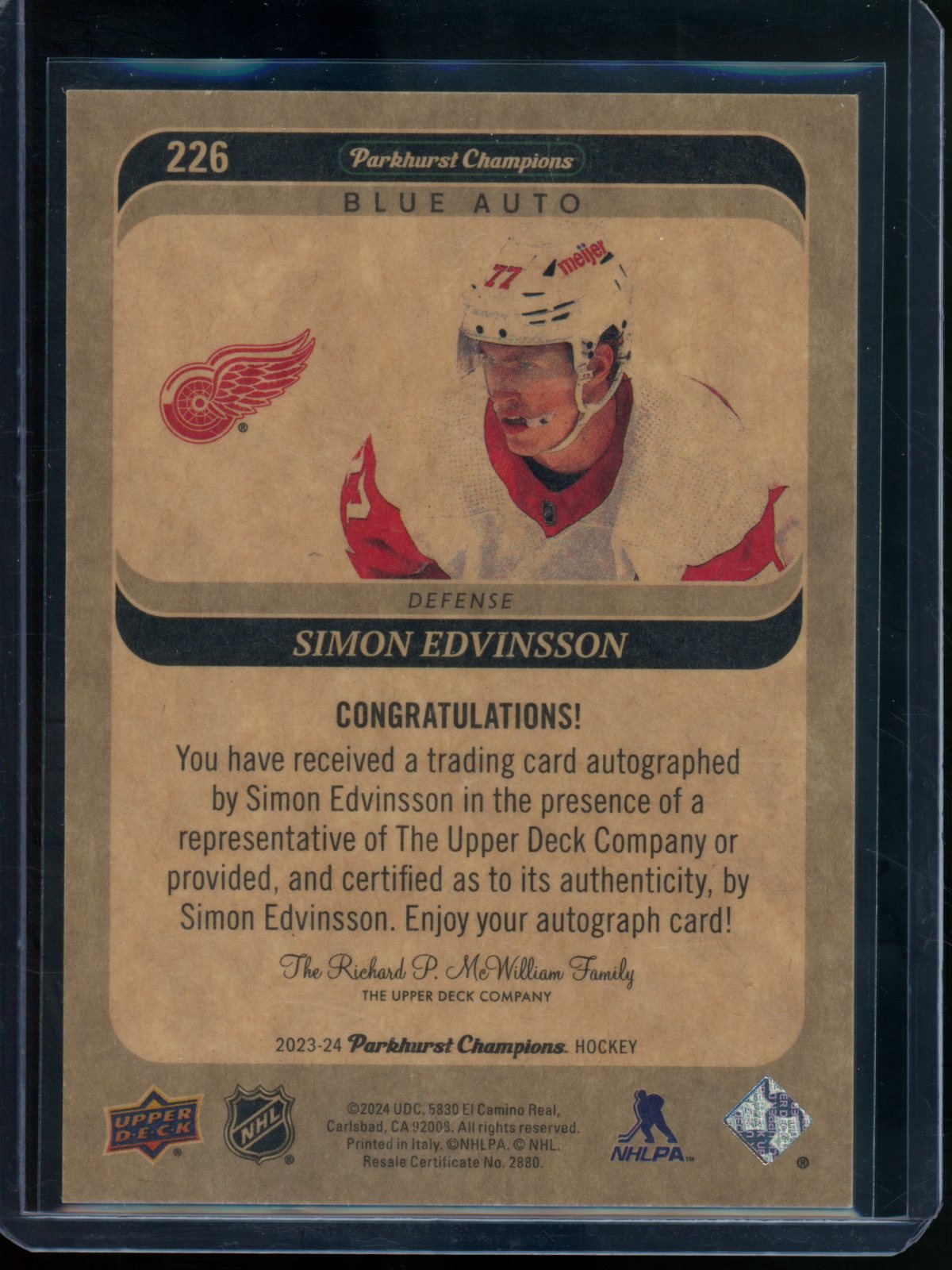 2024 Upper Deck Parkhurst Champions Simon Edvinsson Rookie Autograph /25 Redwings