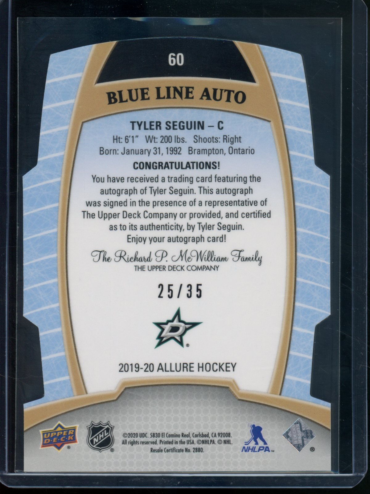 2020 Upper Deck Allure Tyler Seguin Blue Line Autograph /35 Stars - Trading Card Market