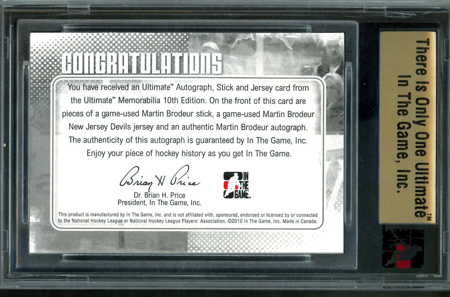 2010 In The Game In the Game Martin Brodeur Dual Patch Autograph /19 Blues