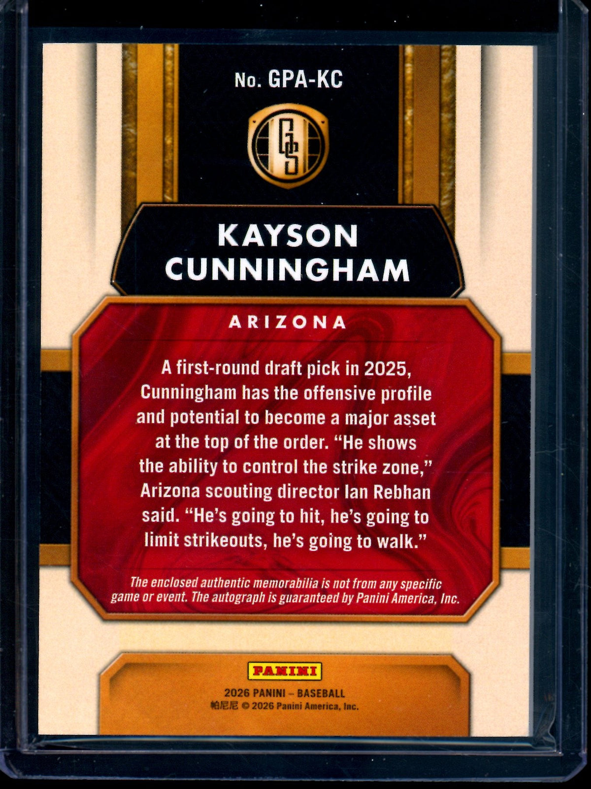 2026 Panini Gold Standard Kayson Cunningham Patch Autograph /99 Diamondbacks - Trading Card Market
