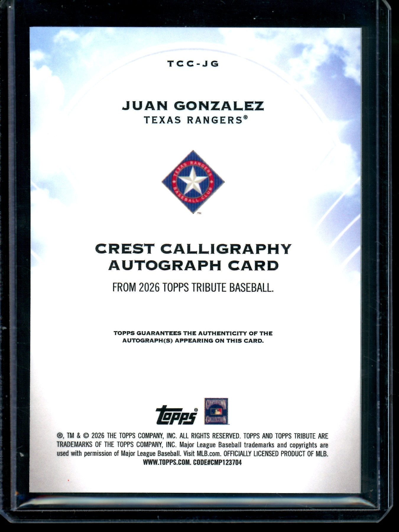 2026 Topps Tribute Juan Gonzalez Crest Calligraphy Autograph /10 Rangers