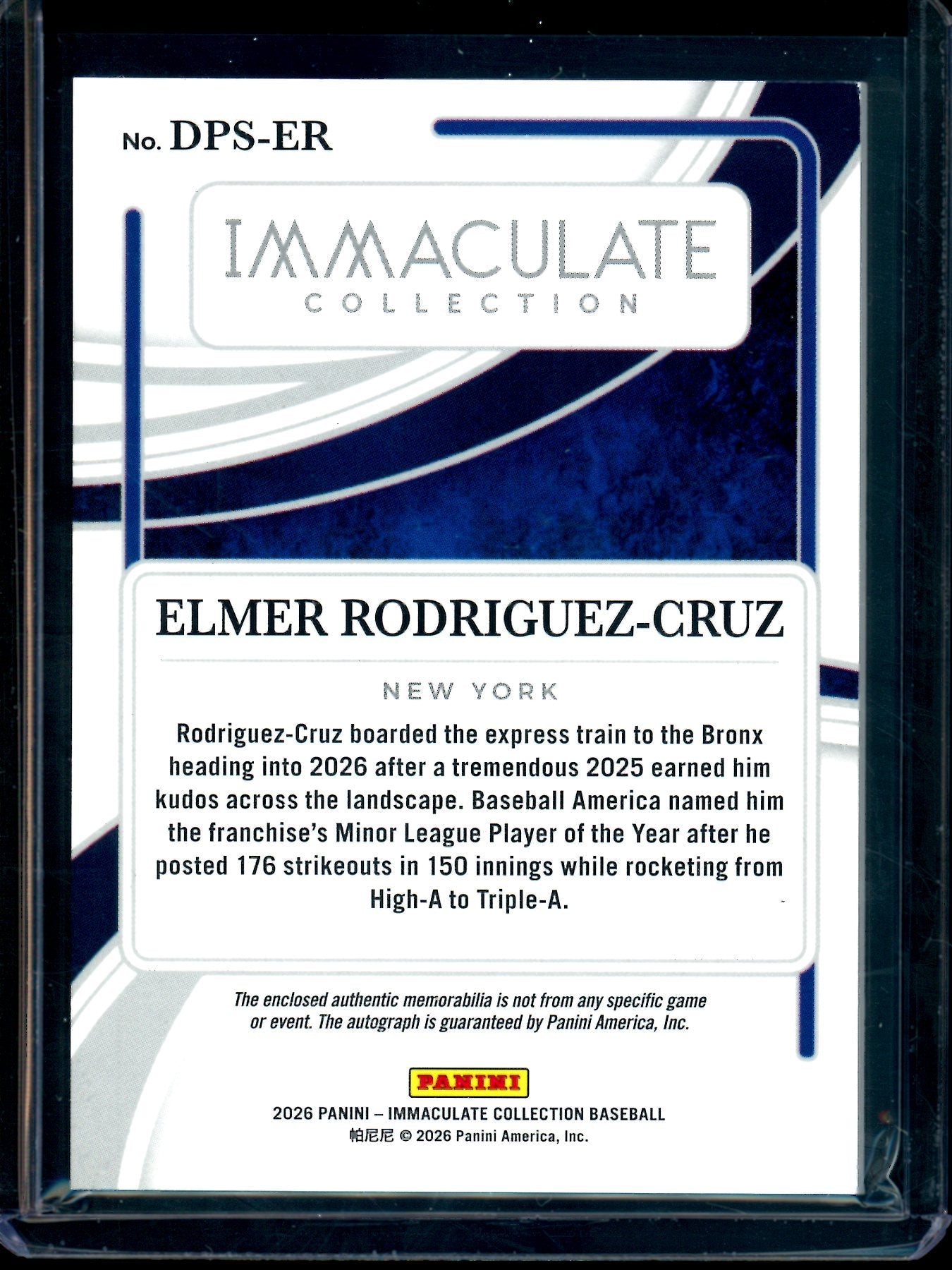 2026 Panini Immaculate Elmer Rodriguez-Cruz Dual Patch Autograph Blue /35 Yankees