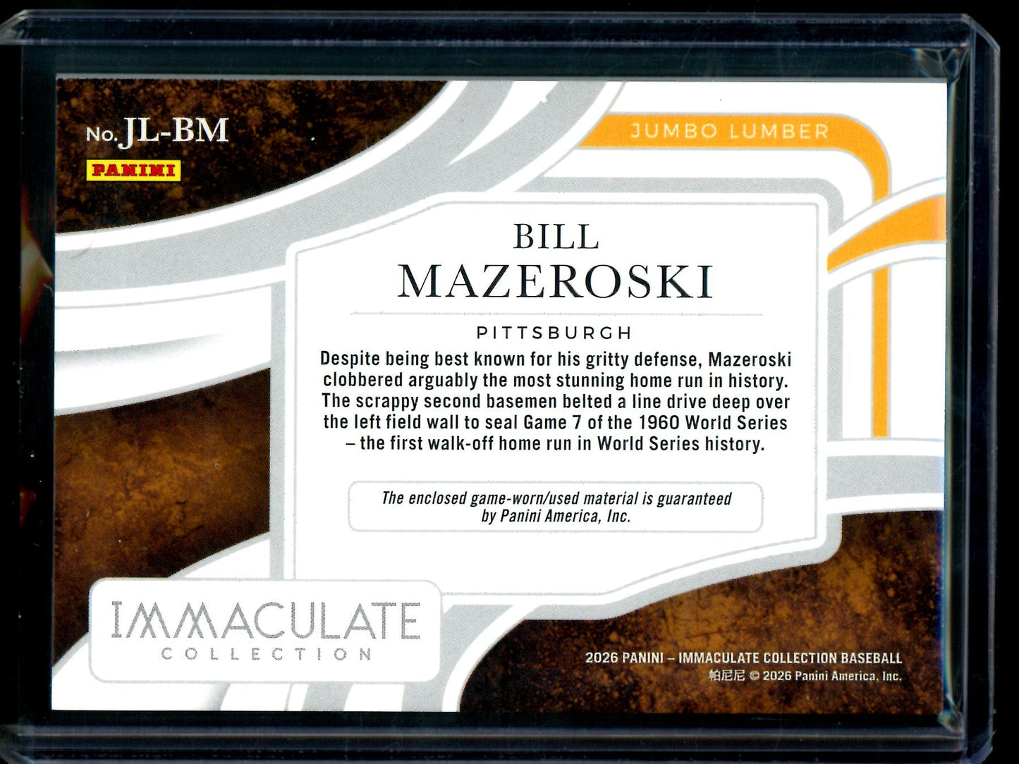 2026 Panini Immaculate Bill Mazeroski Jumbo Lumber Bat Relic /14 Pirates