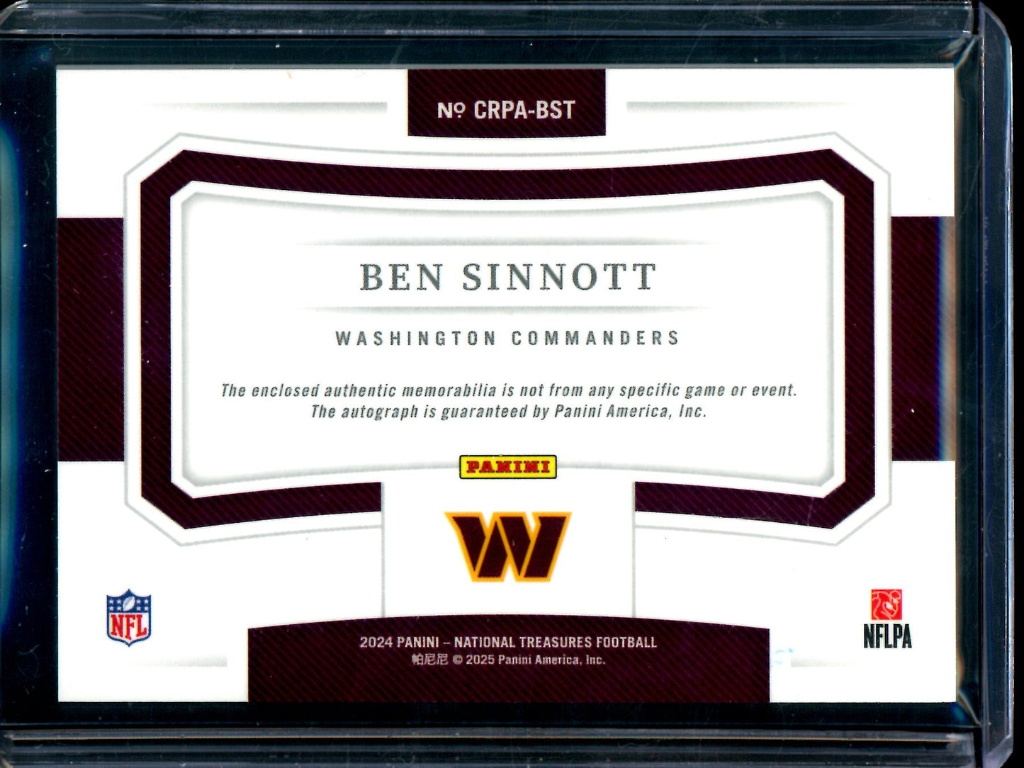 2024 Panini National Treasures Ben Sinnott Crossover Rookie Patch Autograph /99 Commanders