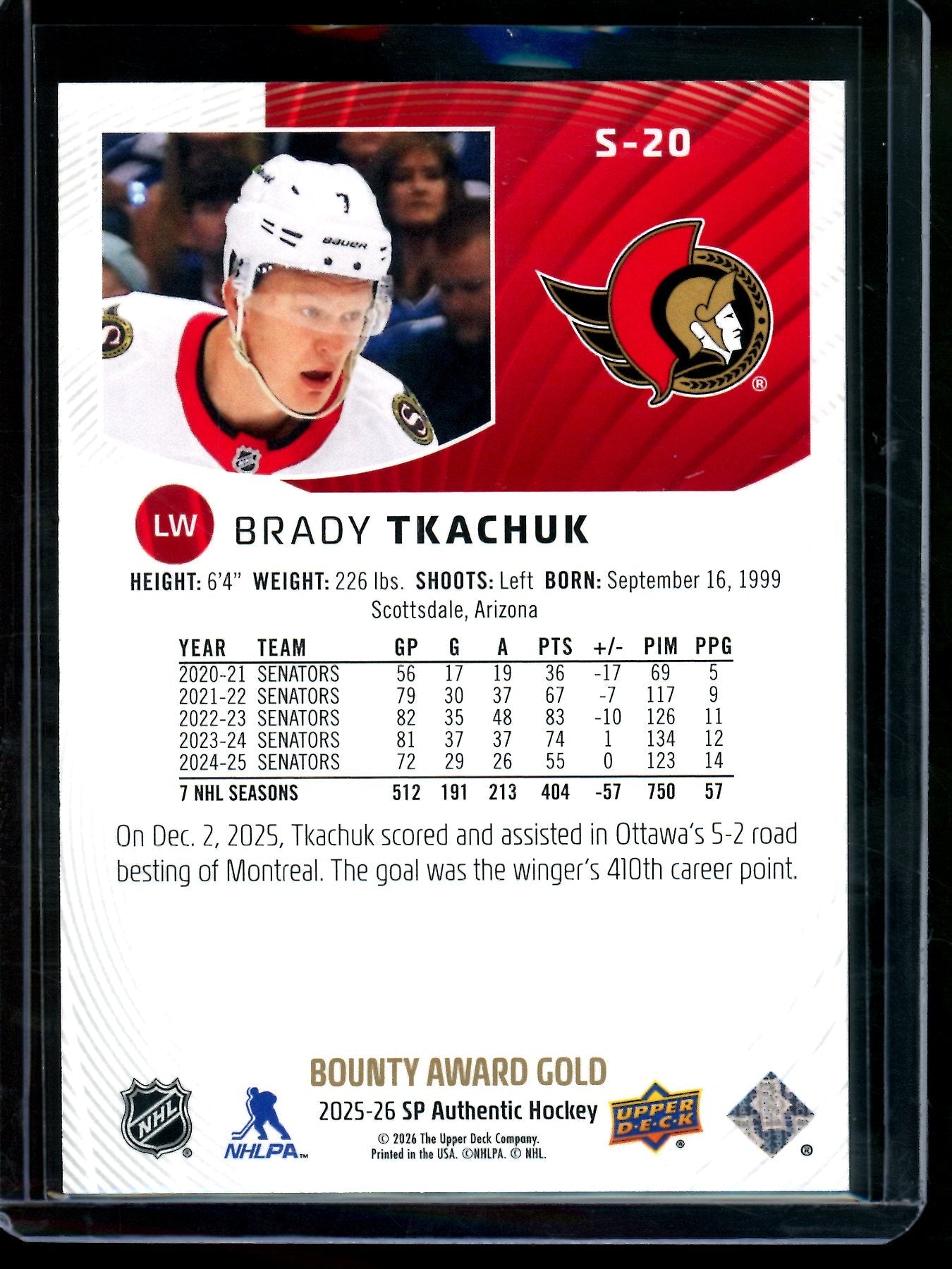 2026 Upper Deck SP Authentic Brady Tkachuk Spectrum FX /50 Senators