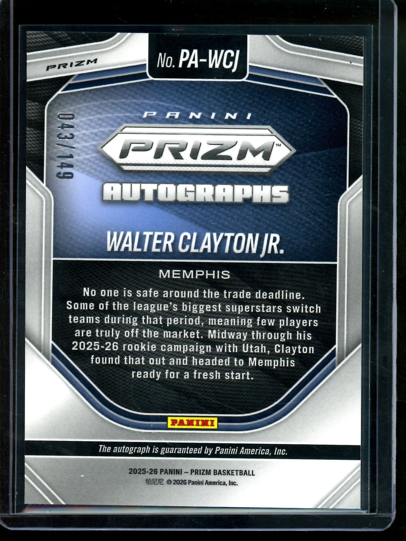 2026 Panini Prizm Walter Clayton Jr Orange Pulse Rookie Autograph /149 Grizzlies