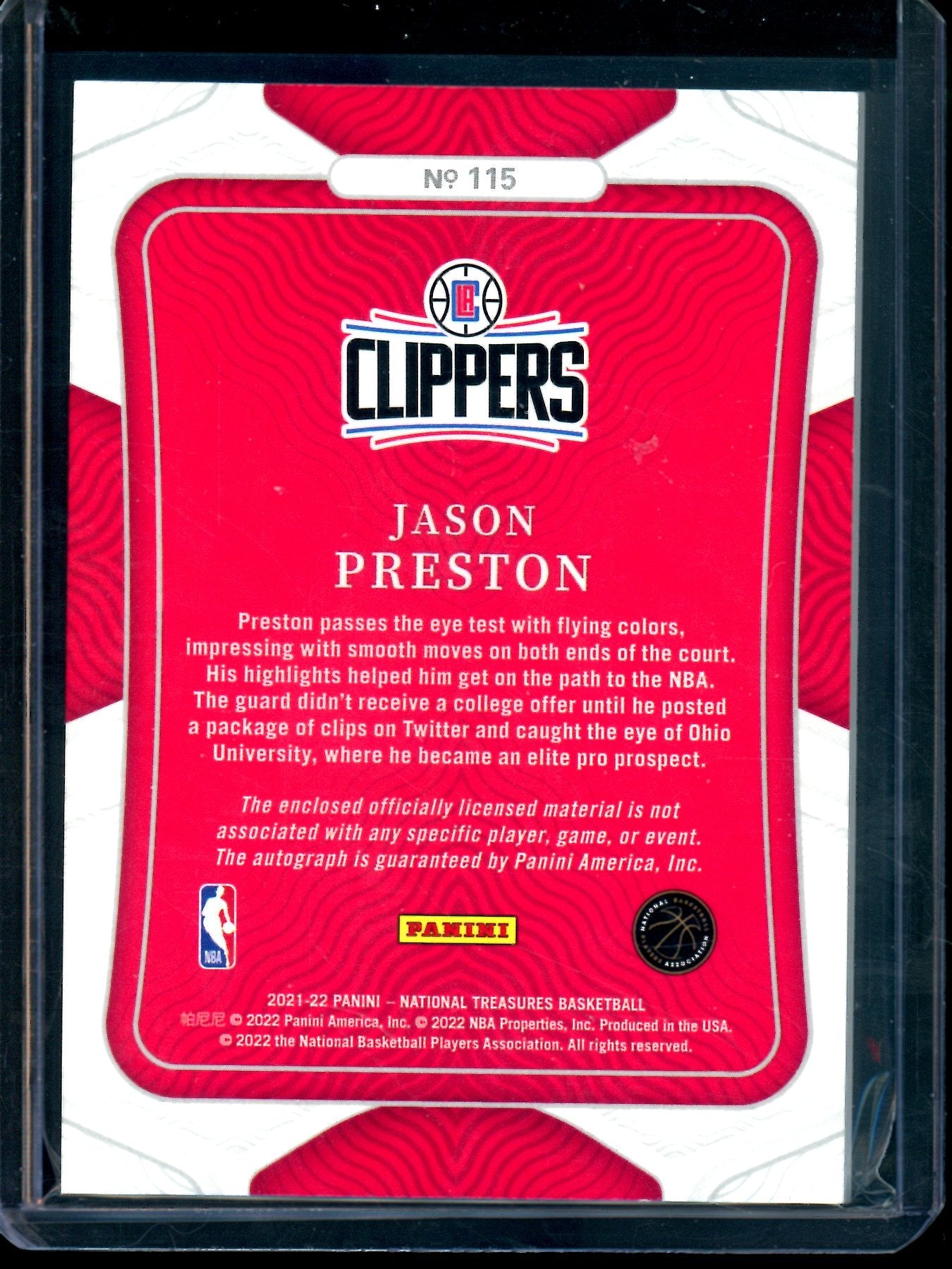 2021 Panini National Treasures Jason Preston Rookie Patch Autograph /49 Clippers