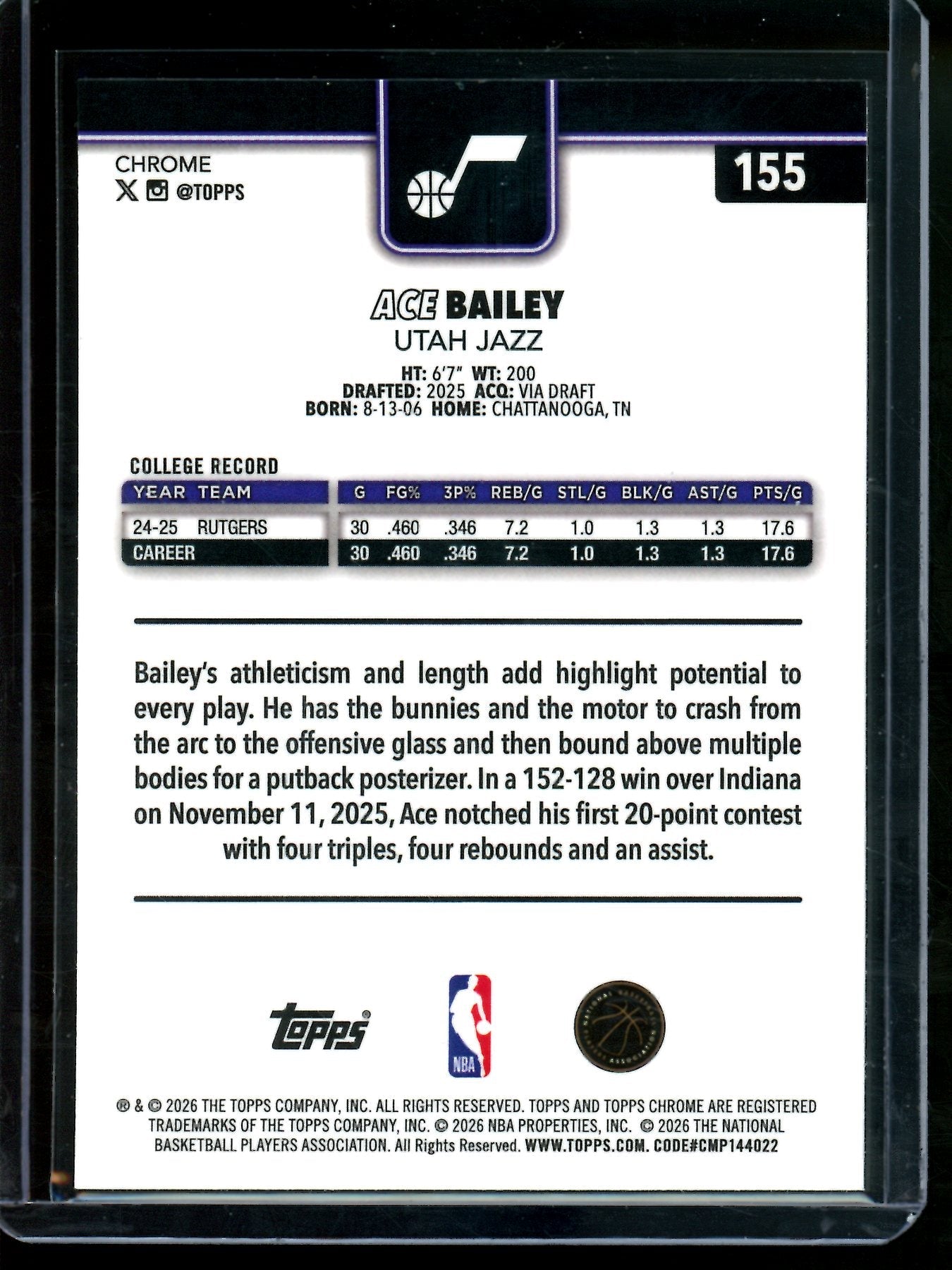 2026 Topps Chrome Update Ace Bailey Aqua Wave Rookie Refractor /199 Jazz
