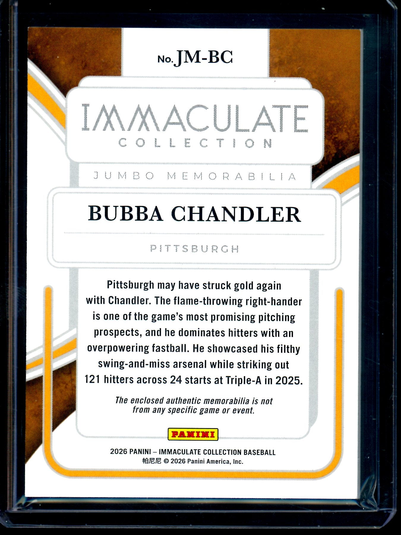 2026 Panini Immaculate Bubba Chandler Jumbo Memorabilia Rookie /25 Pirates