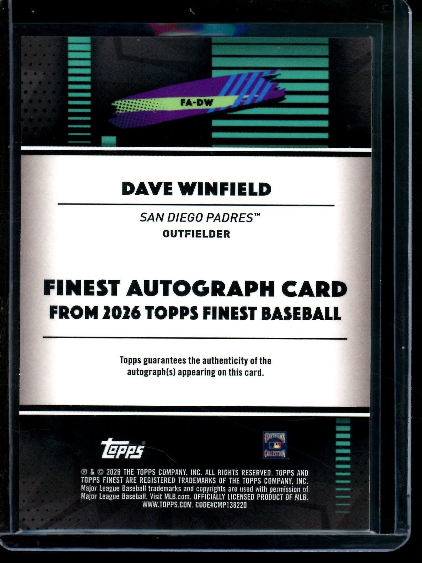 2026 Topps Finest Dave Winfield Purple Refractor Autograph /75 Padres