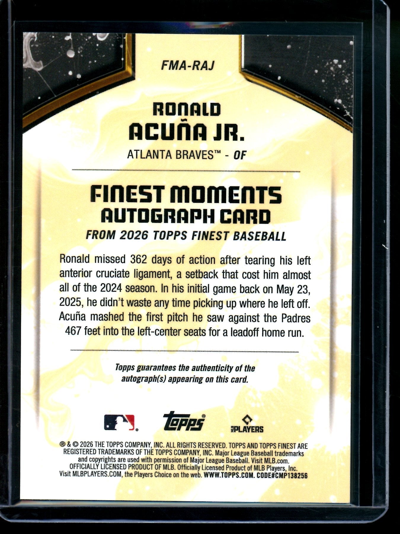 2026 Topps Finest Ronald Acuna Jr Moments Refractor Autograph Braves