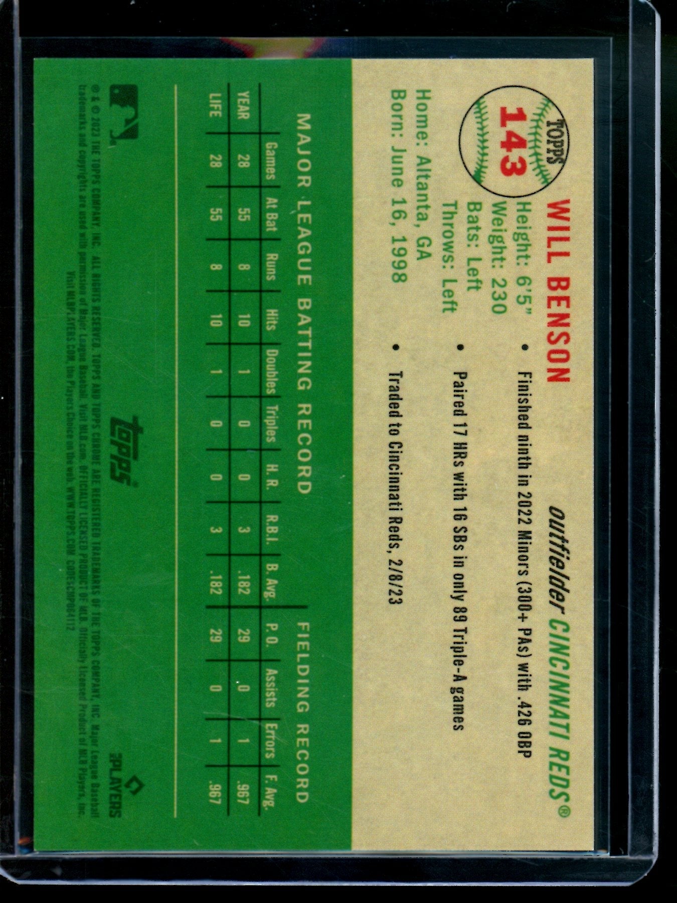 2023 Topps Platinum Anniversary Will Benson Rookie 1/1 Gold Vinyl Reds