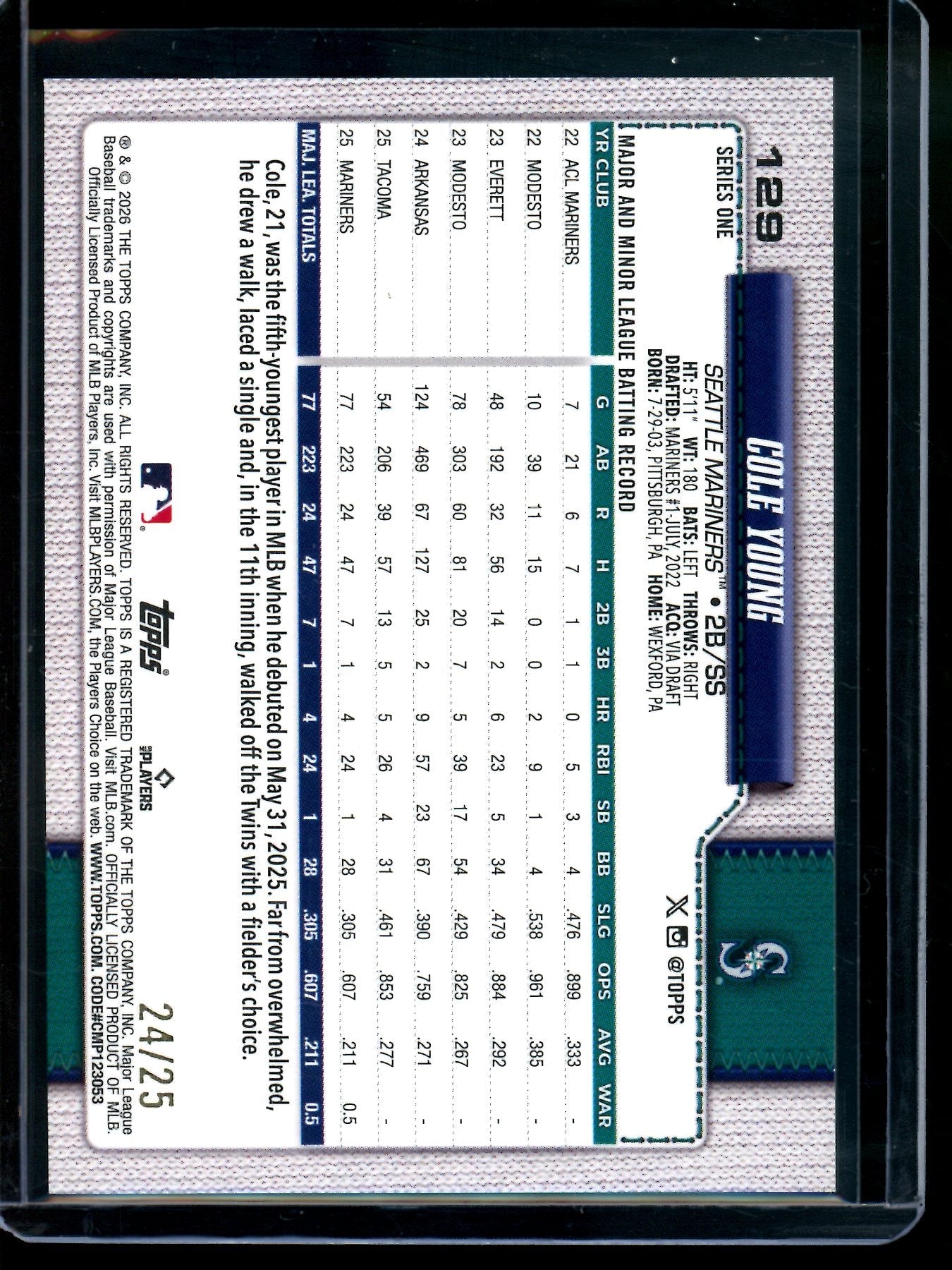 2026 Topps Flagship Cole Young Orange Foil Rookie /25 Mariners