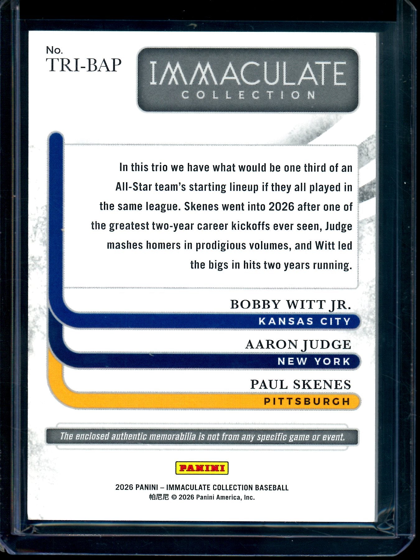 2026 Panini Immaculate Bobby Witt / Aaron Judge / Paul Skenes Triple Relic /99