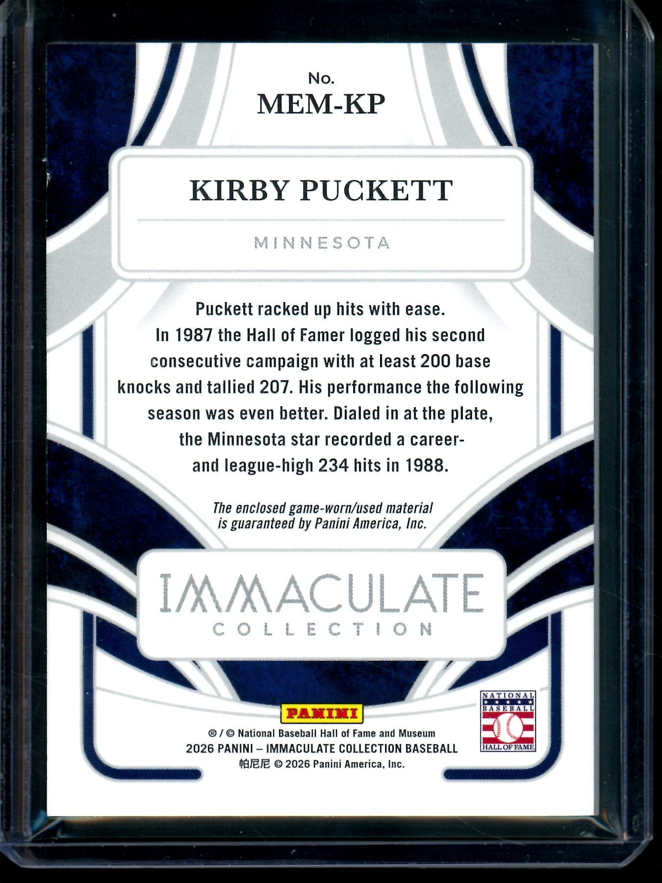 2026 Panini Immaculate Kirby Puckett Jersey Relic /99 Twins