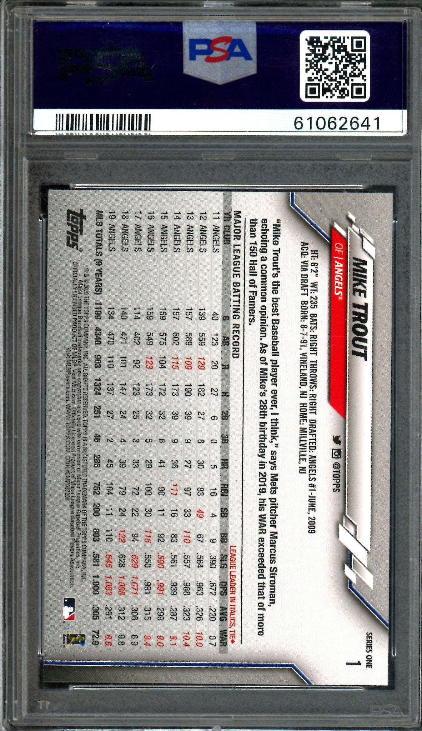 2020 Topps Flagship Mike Trout #1 PSA 10 Angels