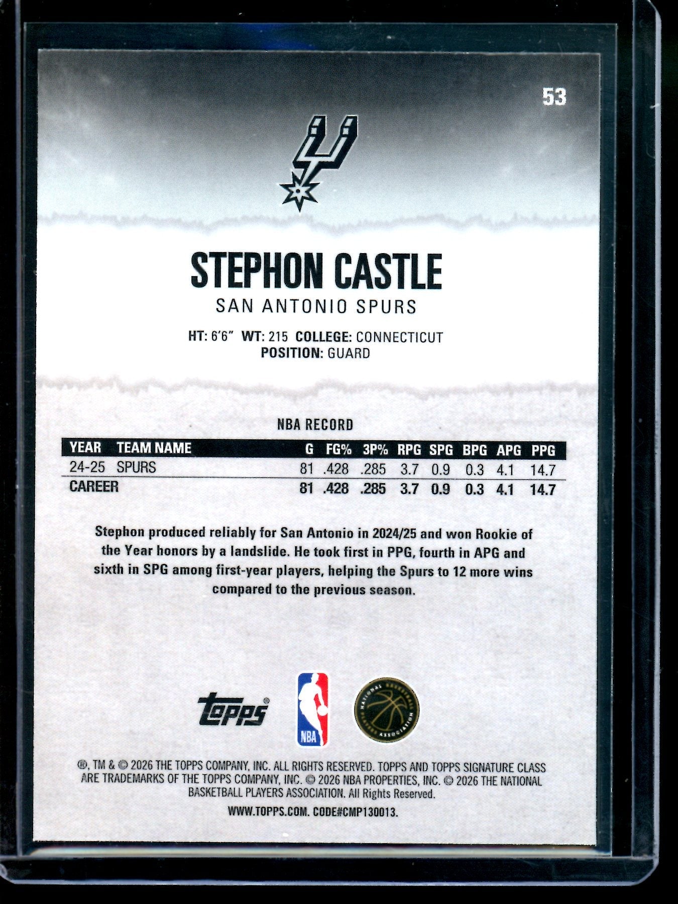 2026 Topps Signature Class Stephon Castle Aqua Refractor /225 Spurs