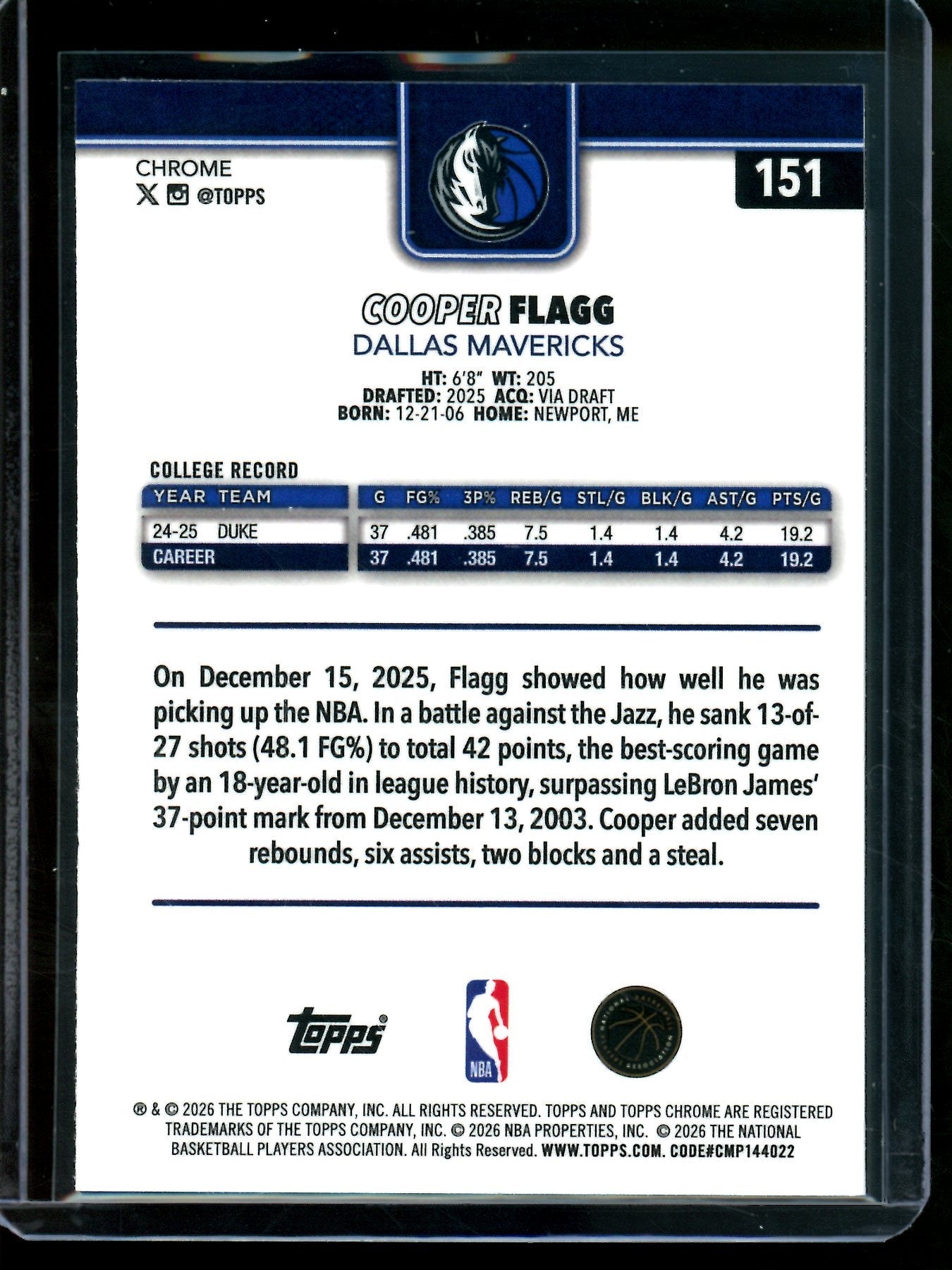 2026 Topps Chrome Cooper Flagg Rookie X-Fractor Mavericks
