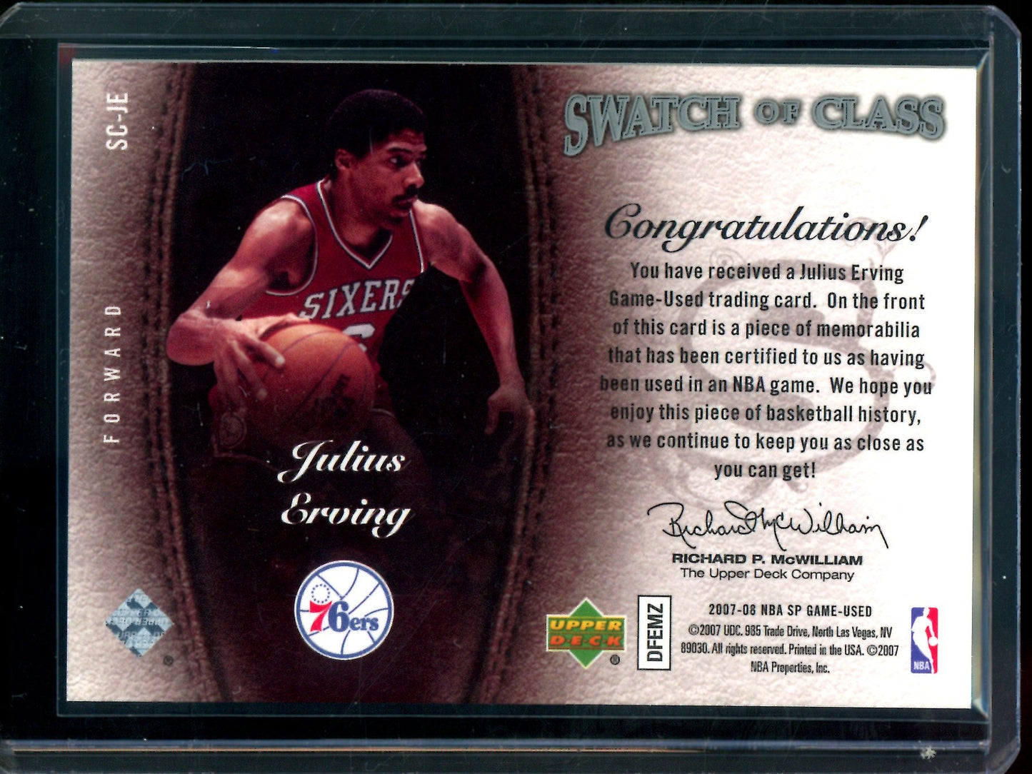 2007 Upper Deck SP Game Used Julius Erving Swatch of Class Jersey Relic 76ers