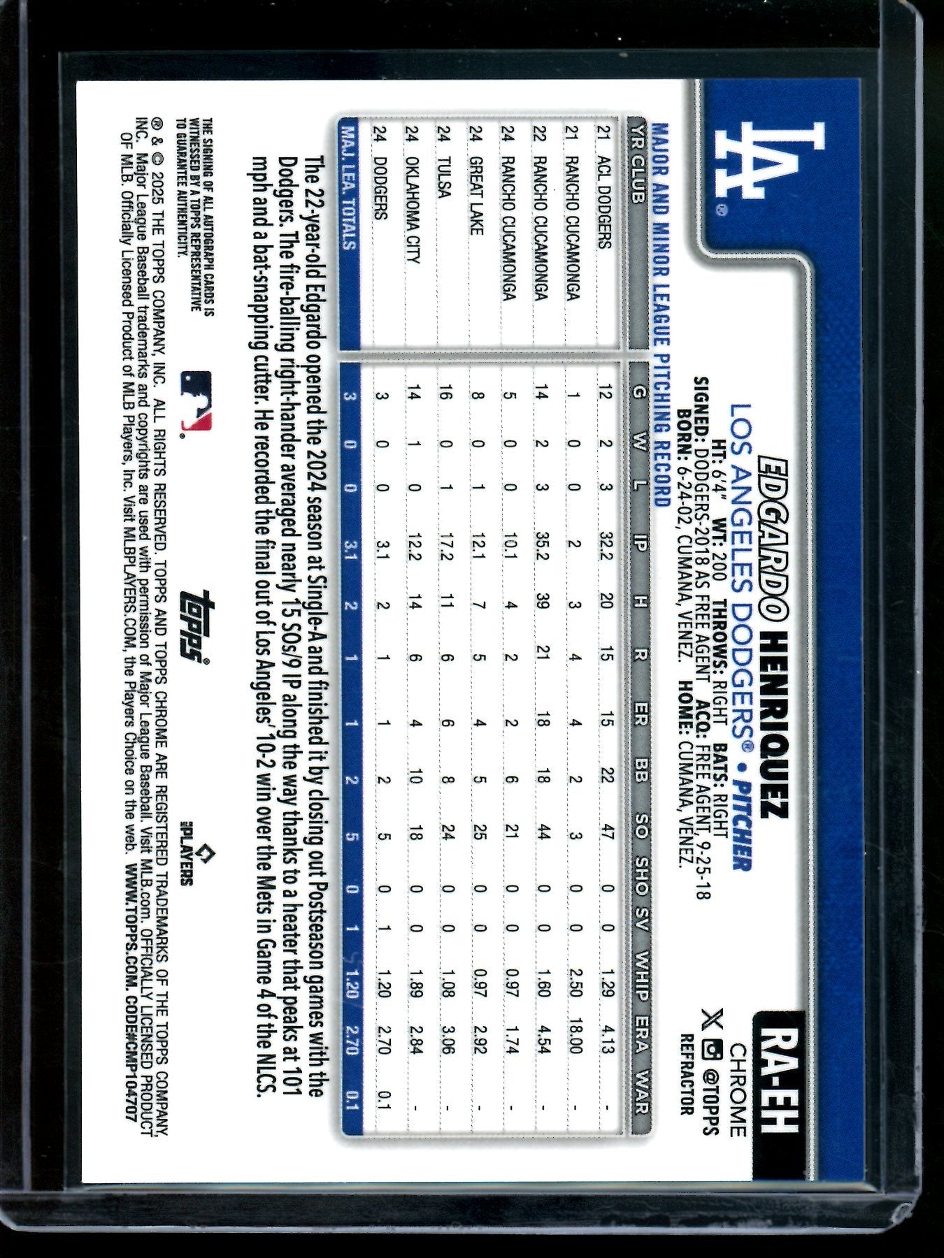 2025 Topps Chrome Edgardo Henriquez Rookie Refractor Autograph /499 Dodgers