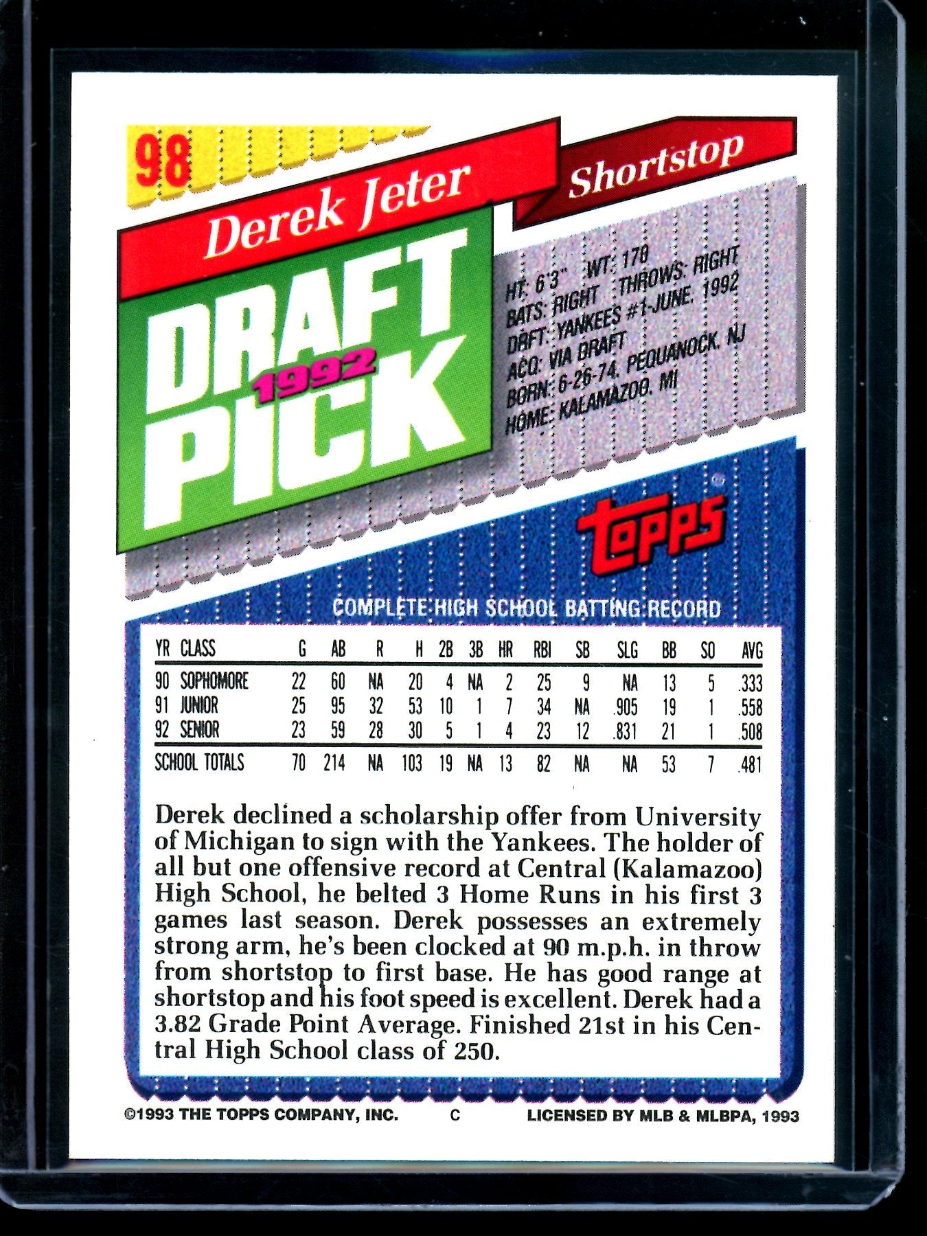 1993 Topps Gold Derek Jeter Draft Pick Rookie Yankees
