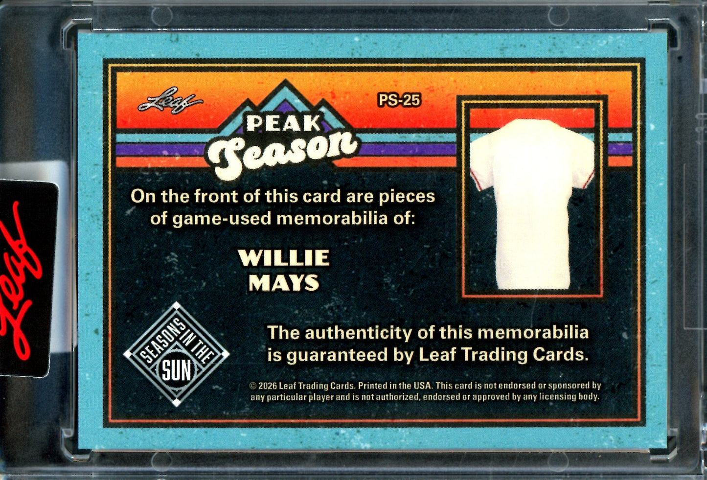 2026 Leaf Seasons in the Sun Willie Mays Peak Season Quad Relic Encased /40 Giants