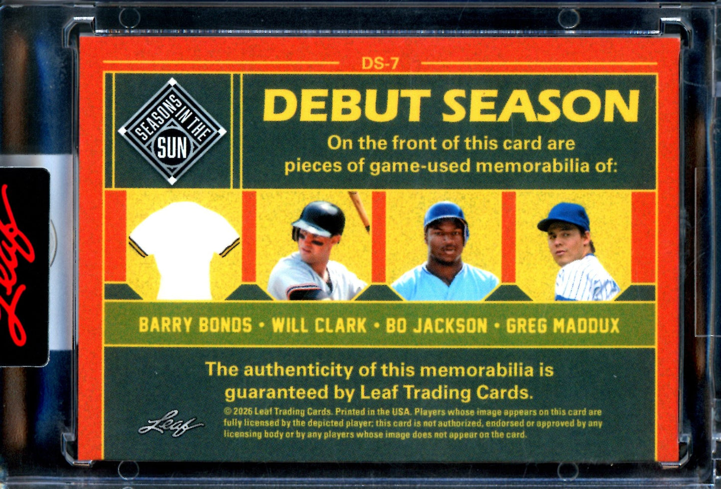 2026 Leaf Seasons in the Sun Barry Bonds / Clark / Jackson / Maddux Debut Season Relic /5