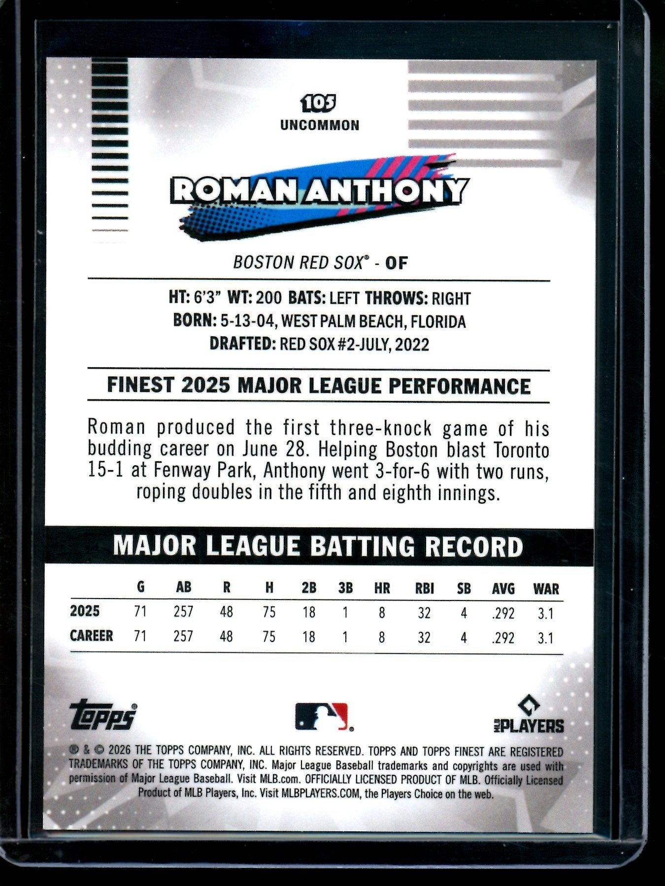 2026 Topps Finest Roman Anthony Rookie Purple Refractor /75 Red Sox