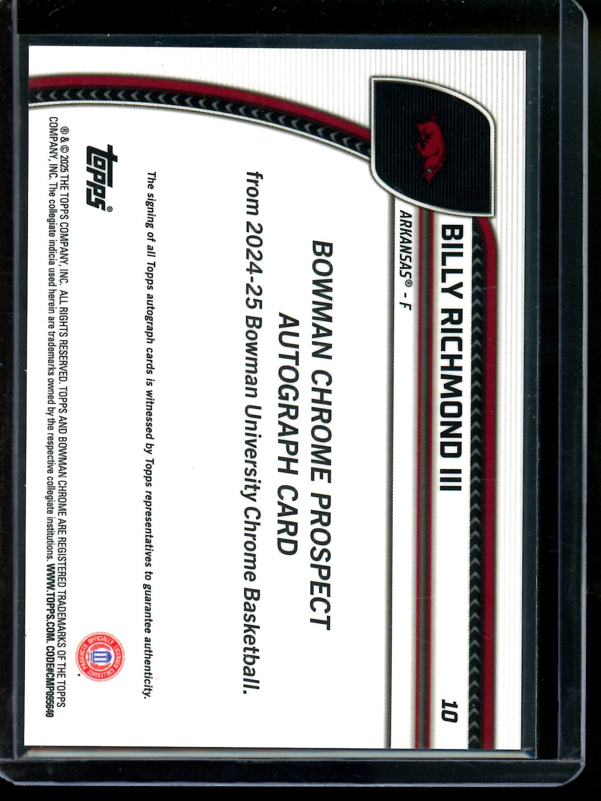 2025 Bowman Chrome U Billy Richmond III 1st Blue Reptilian Autograph /150 Arkansas