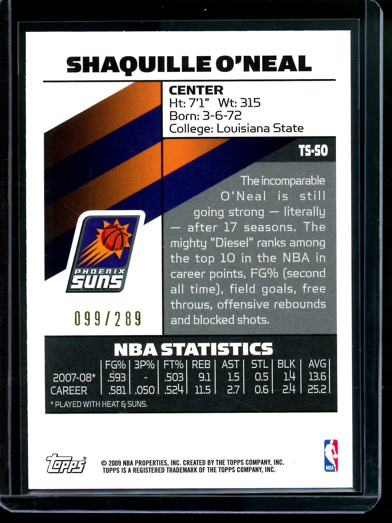 2009 Topps Signature Shaquille O'Neal /289 Suns