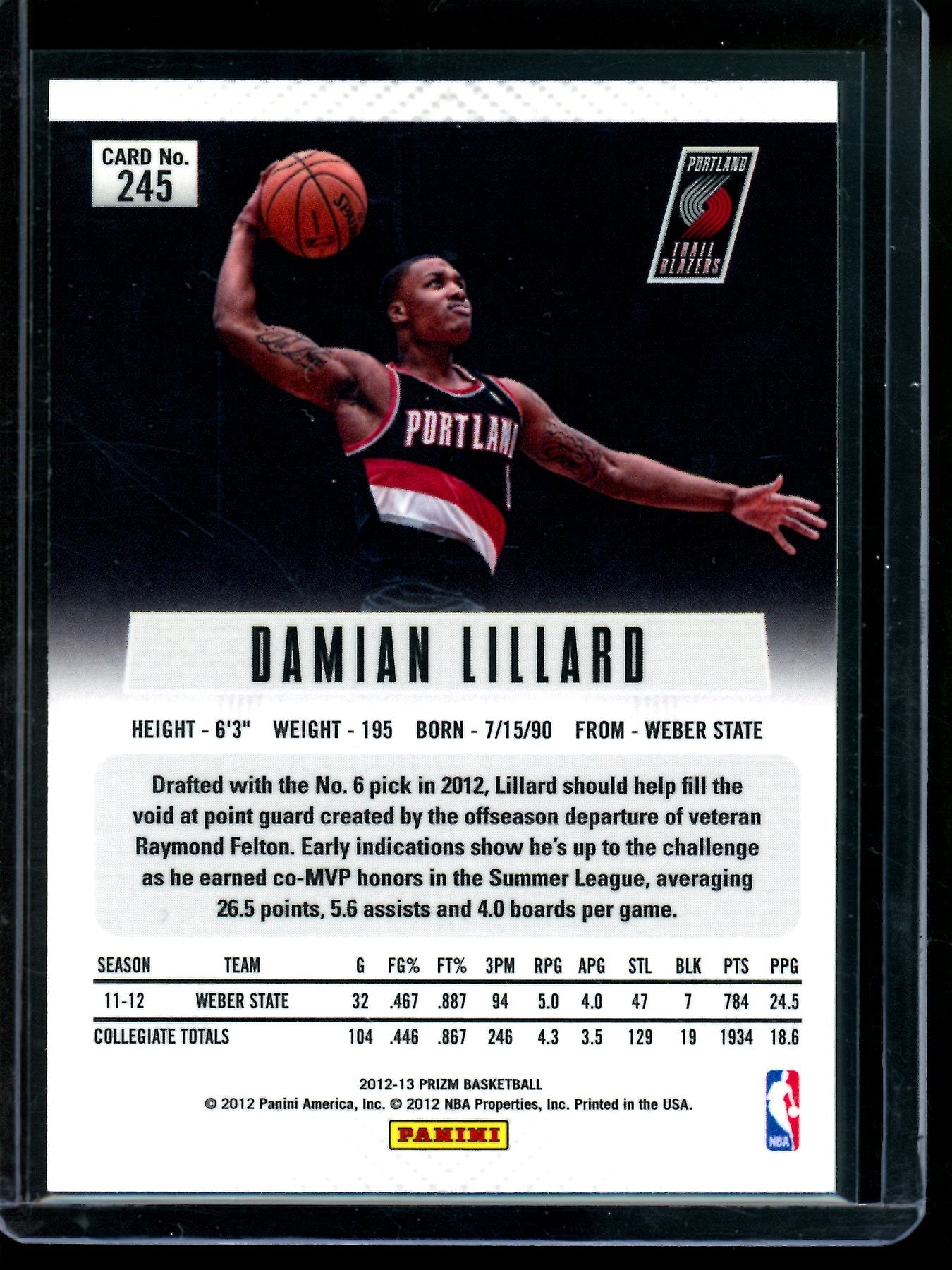2012 Panini Prizm Damian Lillard Rookie Card #245 Trailblazers