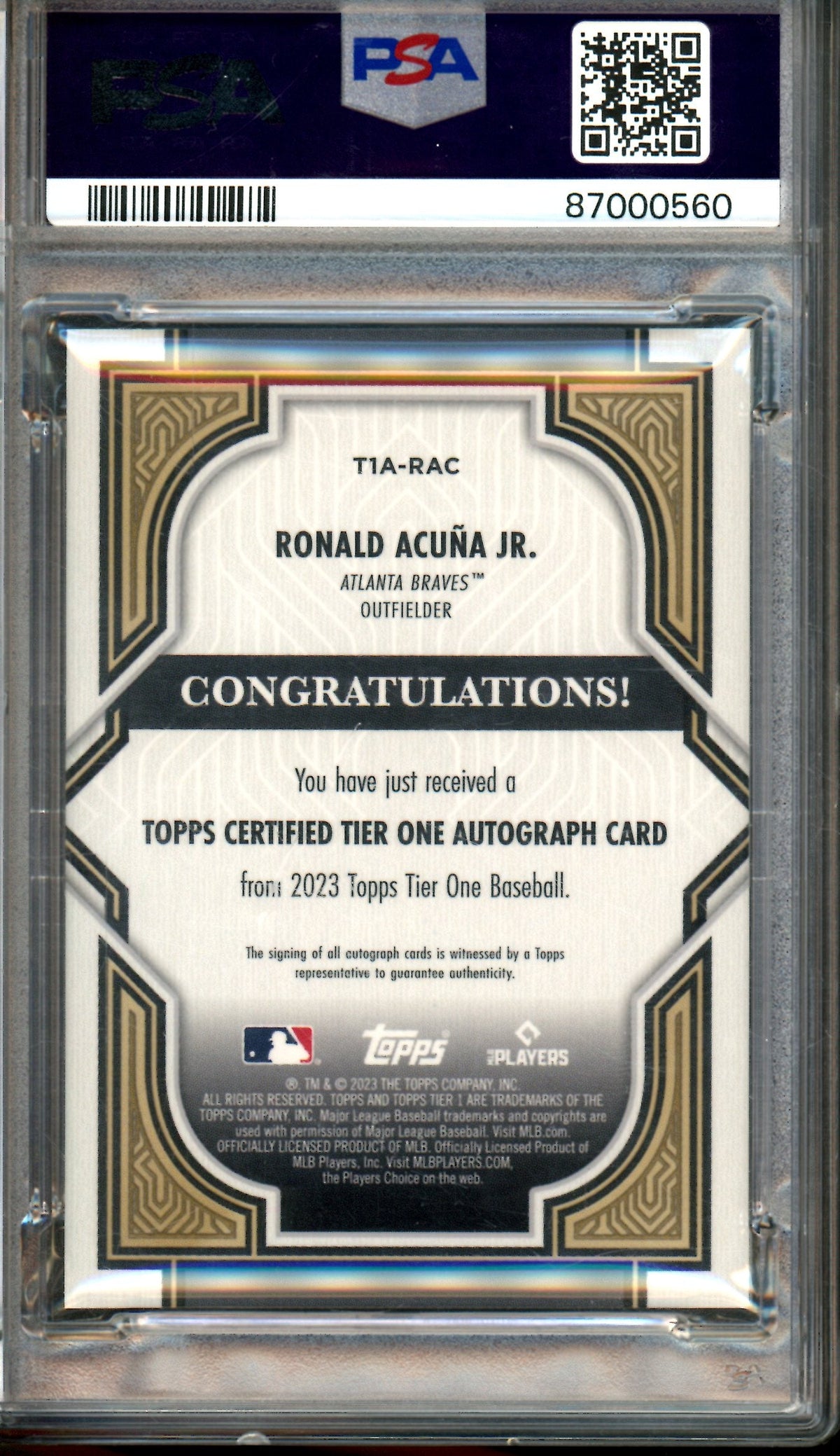 2023 Topps Tier One Ronald Acuna Jr. Autograph /75 PSA 10 Braves