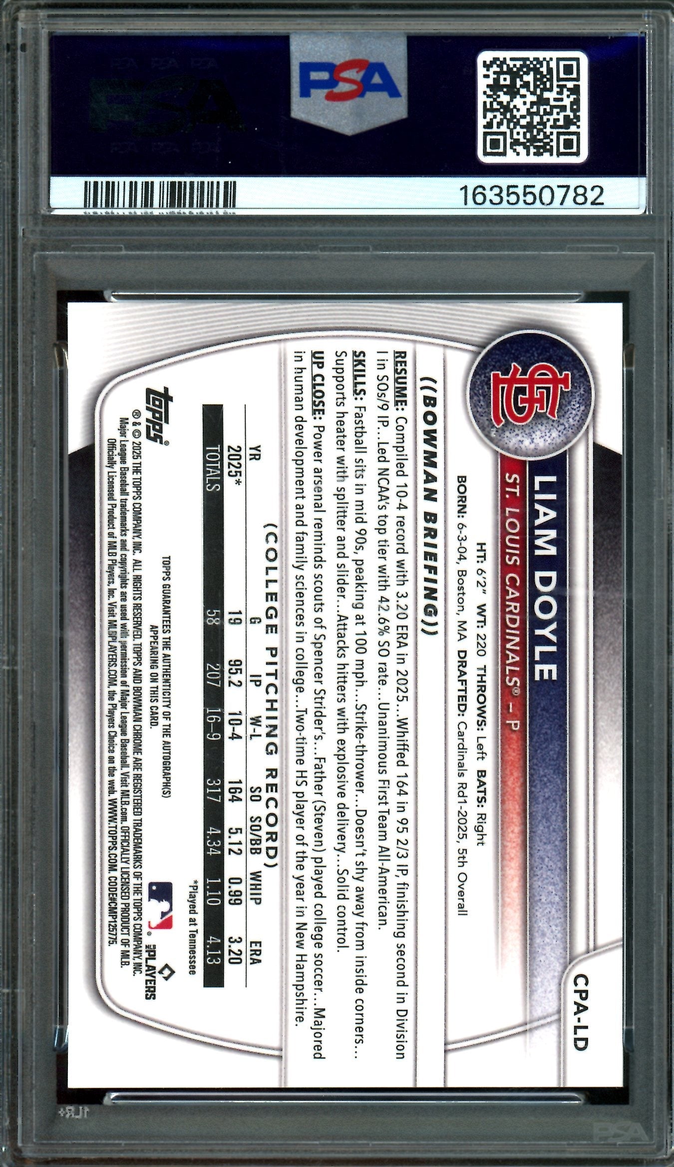 2025 Bowman Chrome Liam Doyle 1st Autograph PSA 10 Cardinals