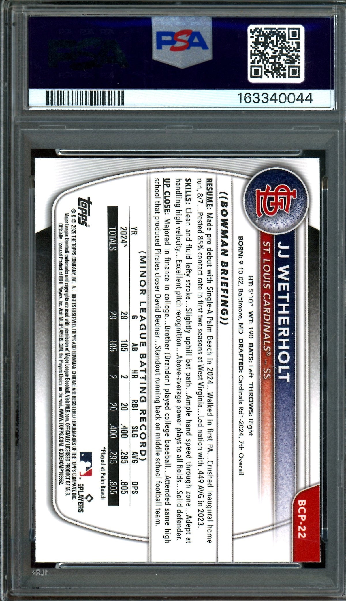 2025 Bowman Chrome JJ Wetherholt 1st Mojo PSA 9 Cardinals
